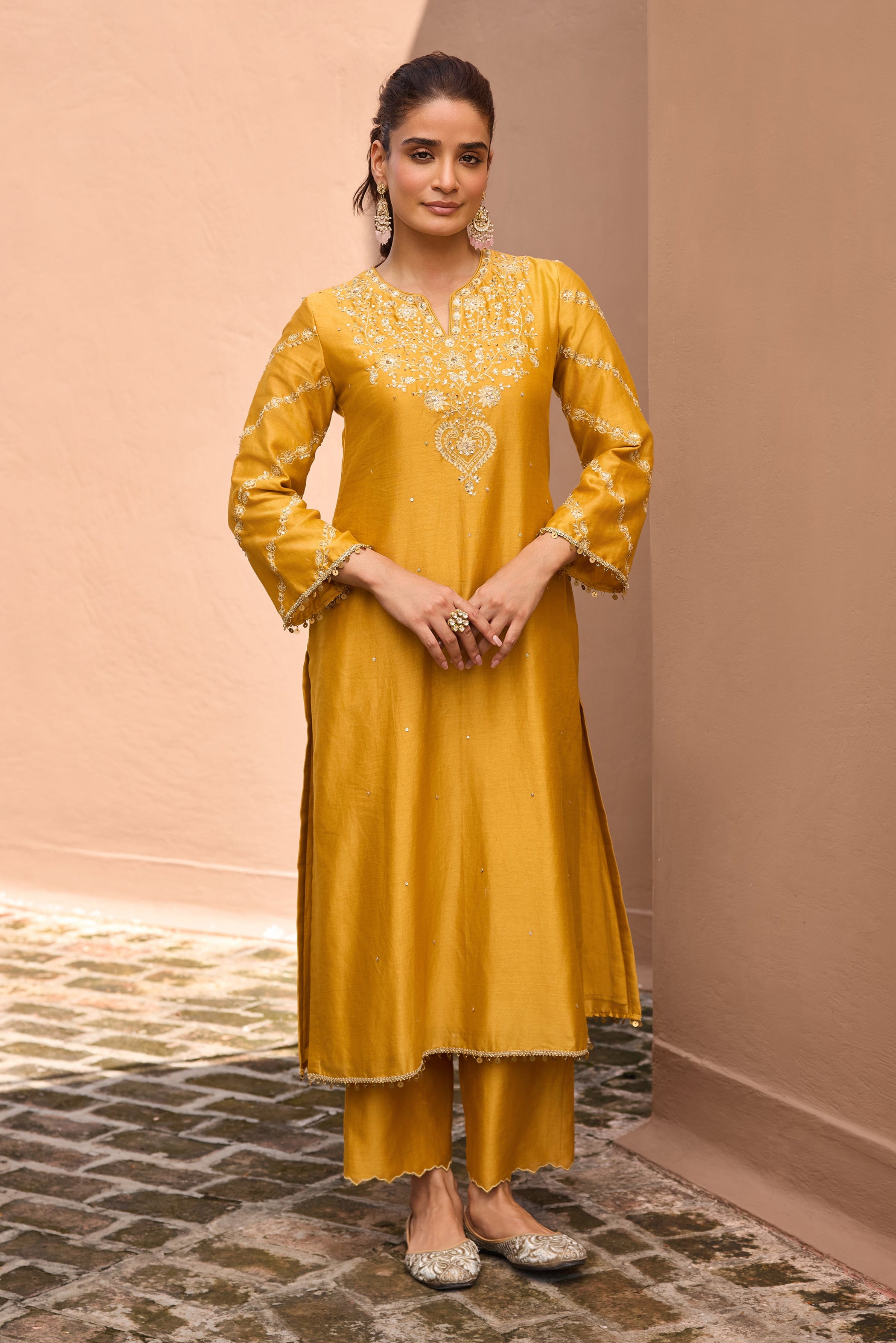Zeenat Silk Chanderi Embroidered Mustard Straight Kurta Set