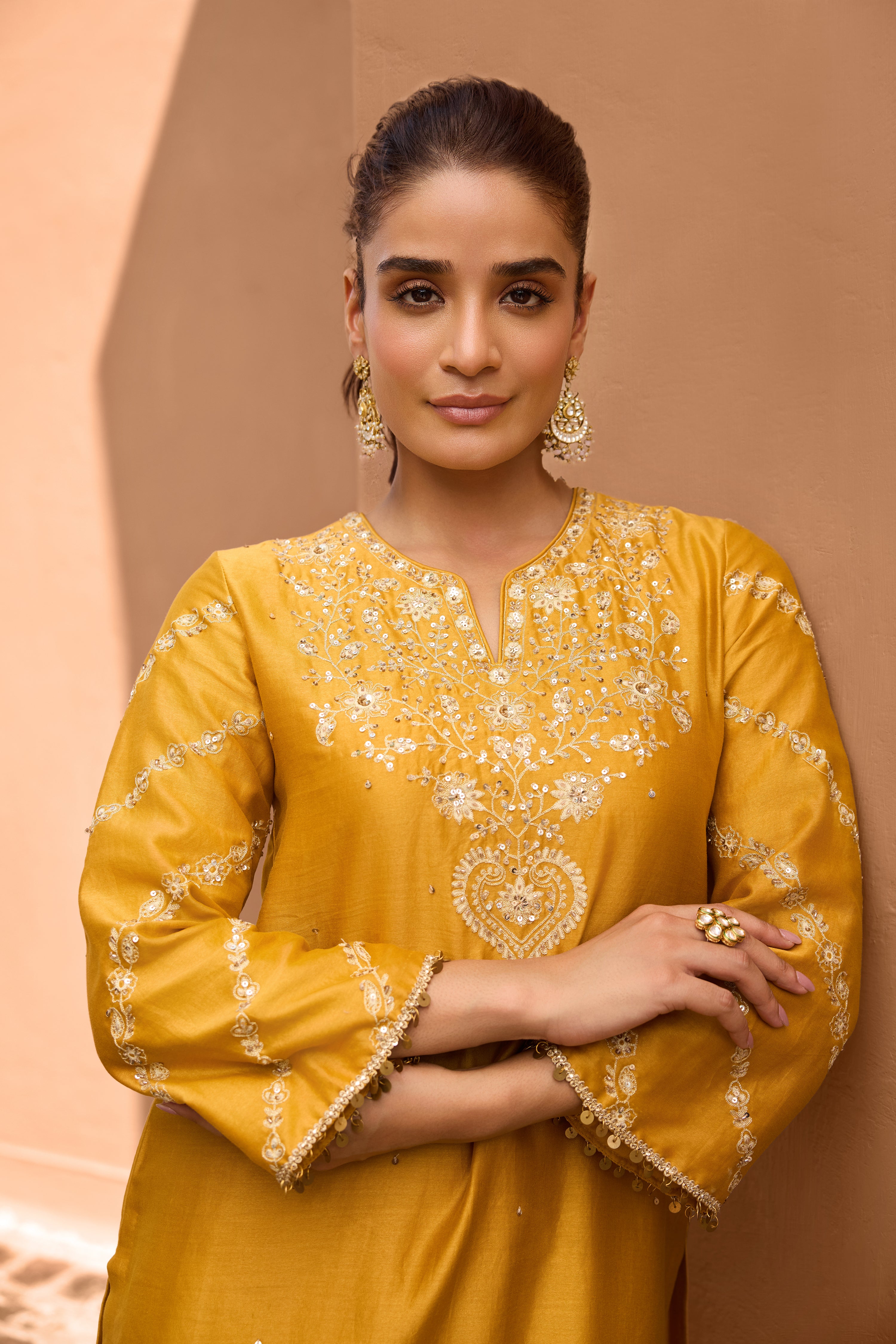 Zeenat Silk Chanderi Embroidered Mustard Straight Kurta Set