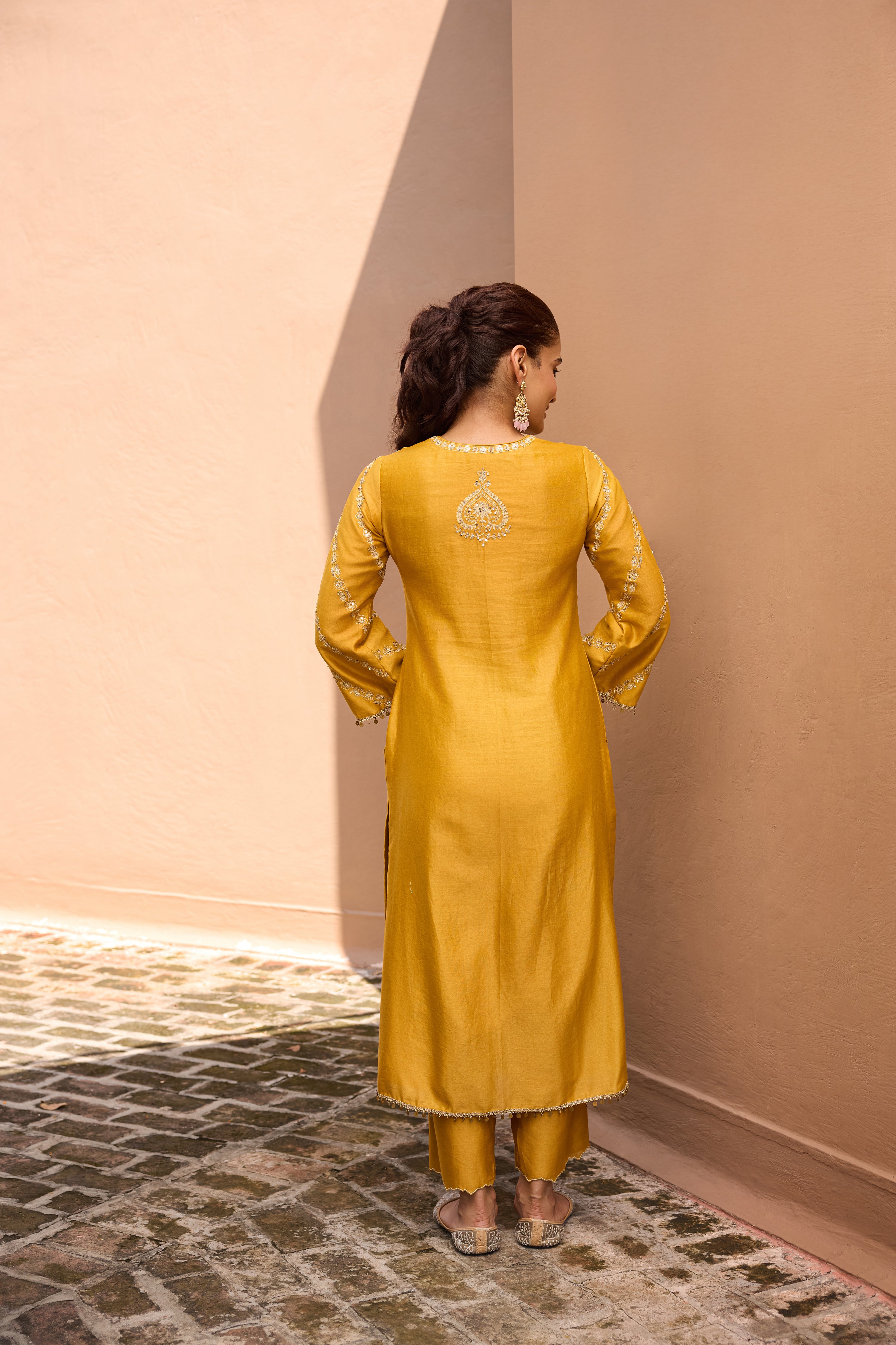 Zeenat Silk Chanderi Embroidered Mustard Straight Kurta Set