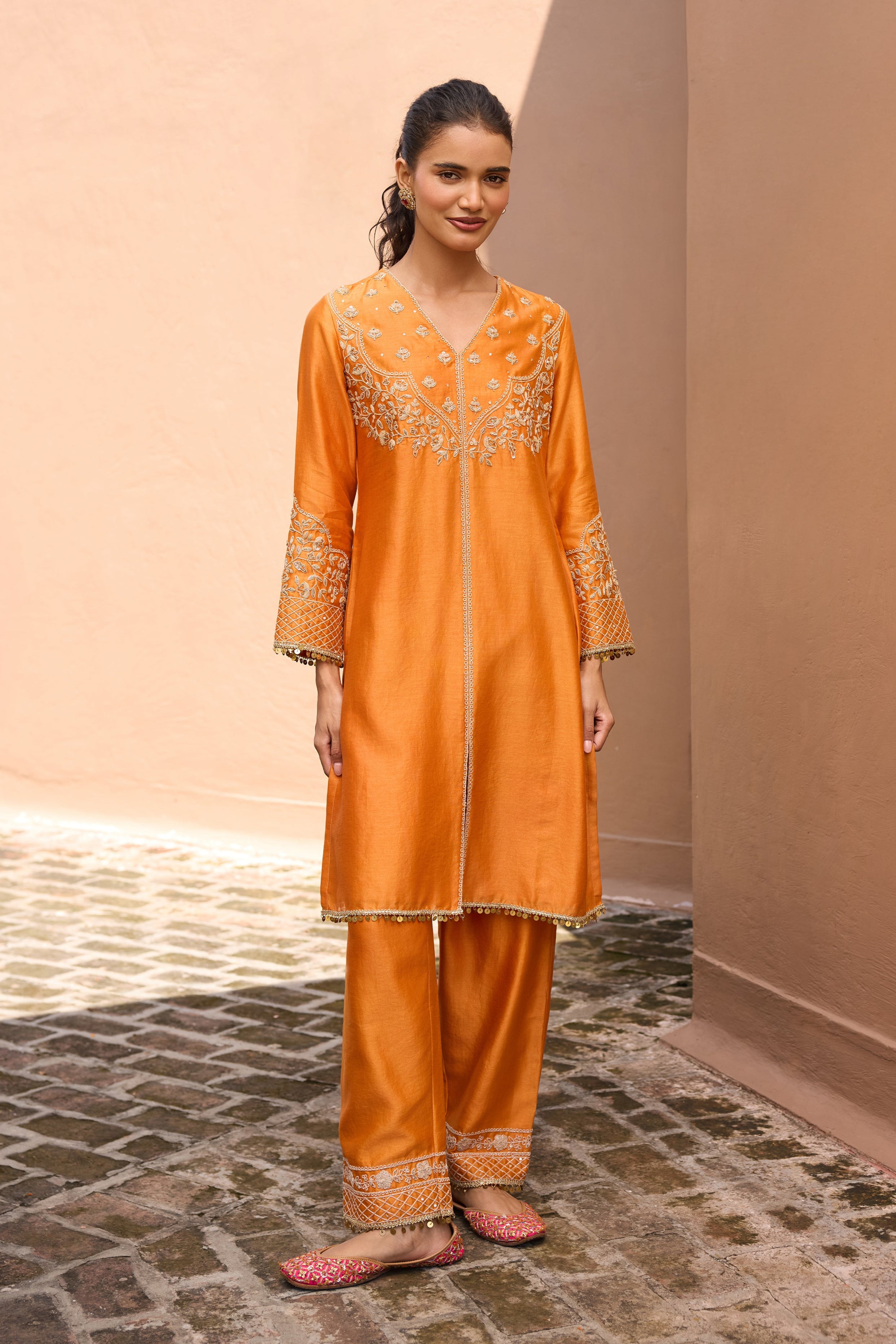 Falak Silk Chanderi Embroidered Orange Straight Kurta Set