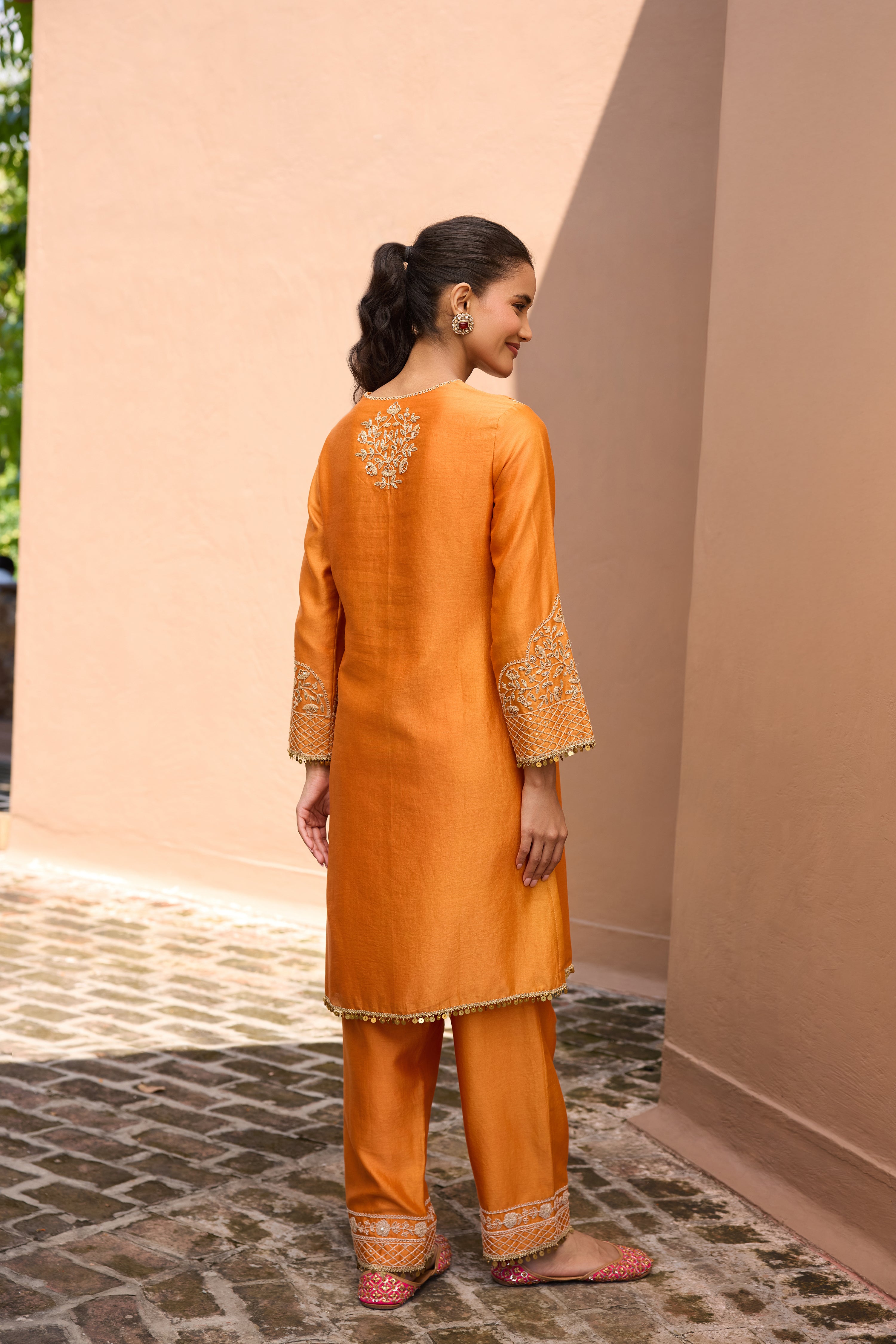 Falak Silk Chanderi Embroidered Orange Straight Kurta Set