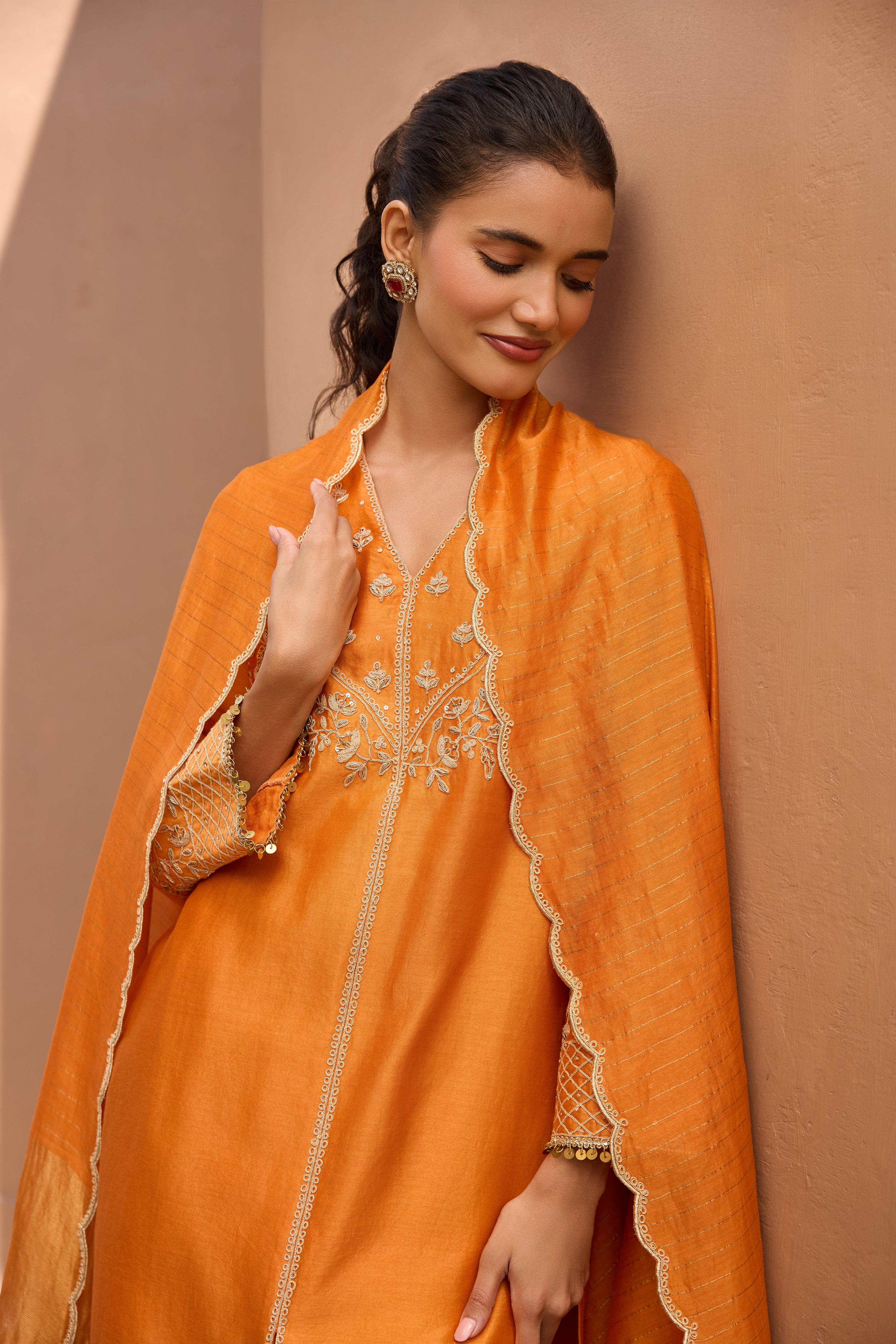 Falak Silk Chanderi Embroidered Orange Straight Kurta Set