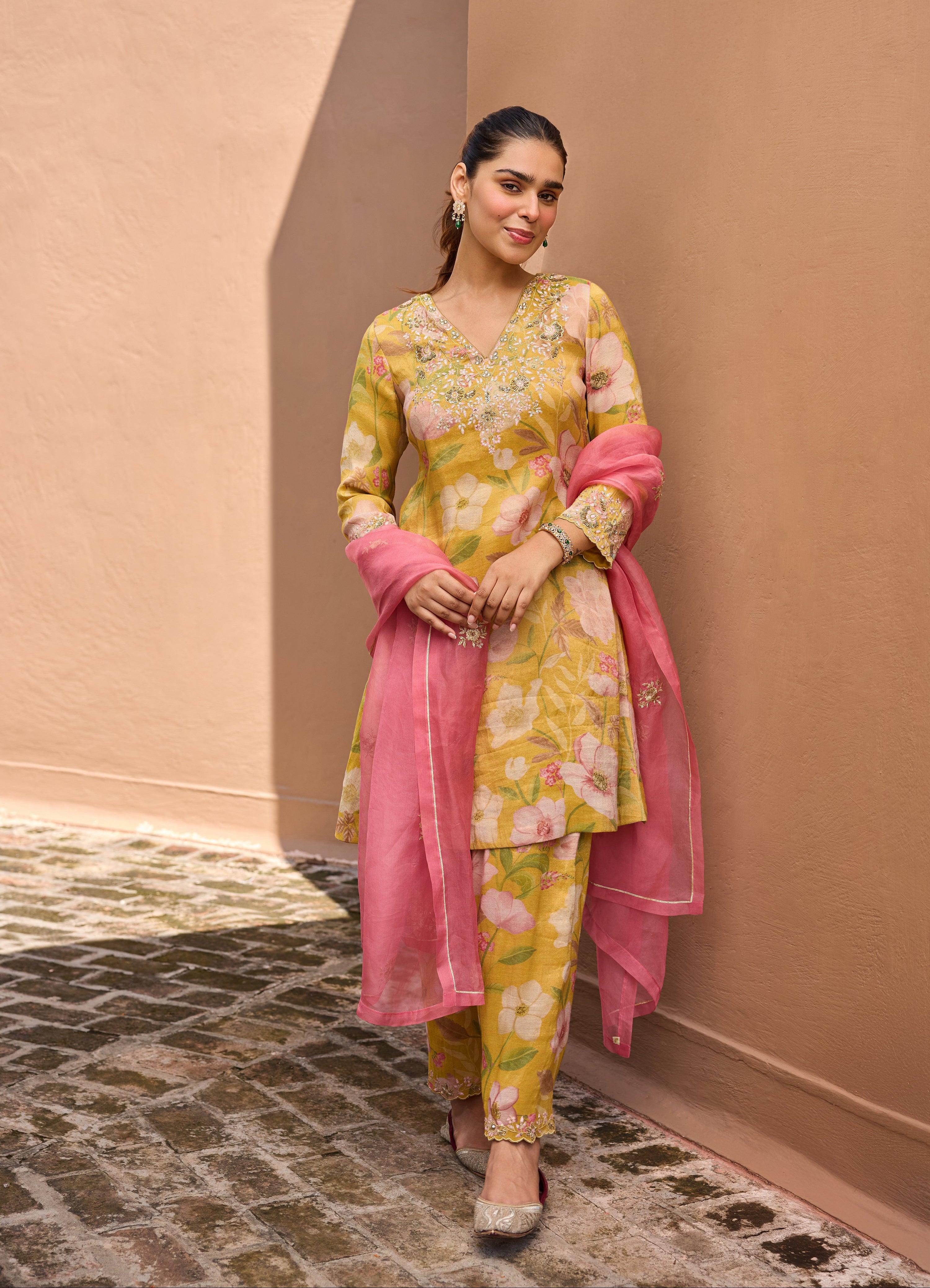 Ayesha Amin Nigam in Gulbaagh Tissue Floral Printed Embroidered Mustard A-Line Kurta Set