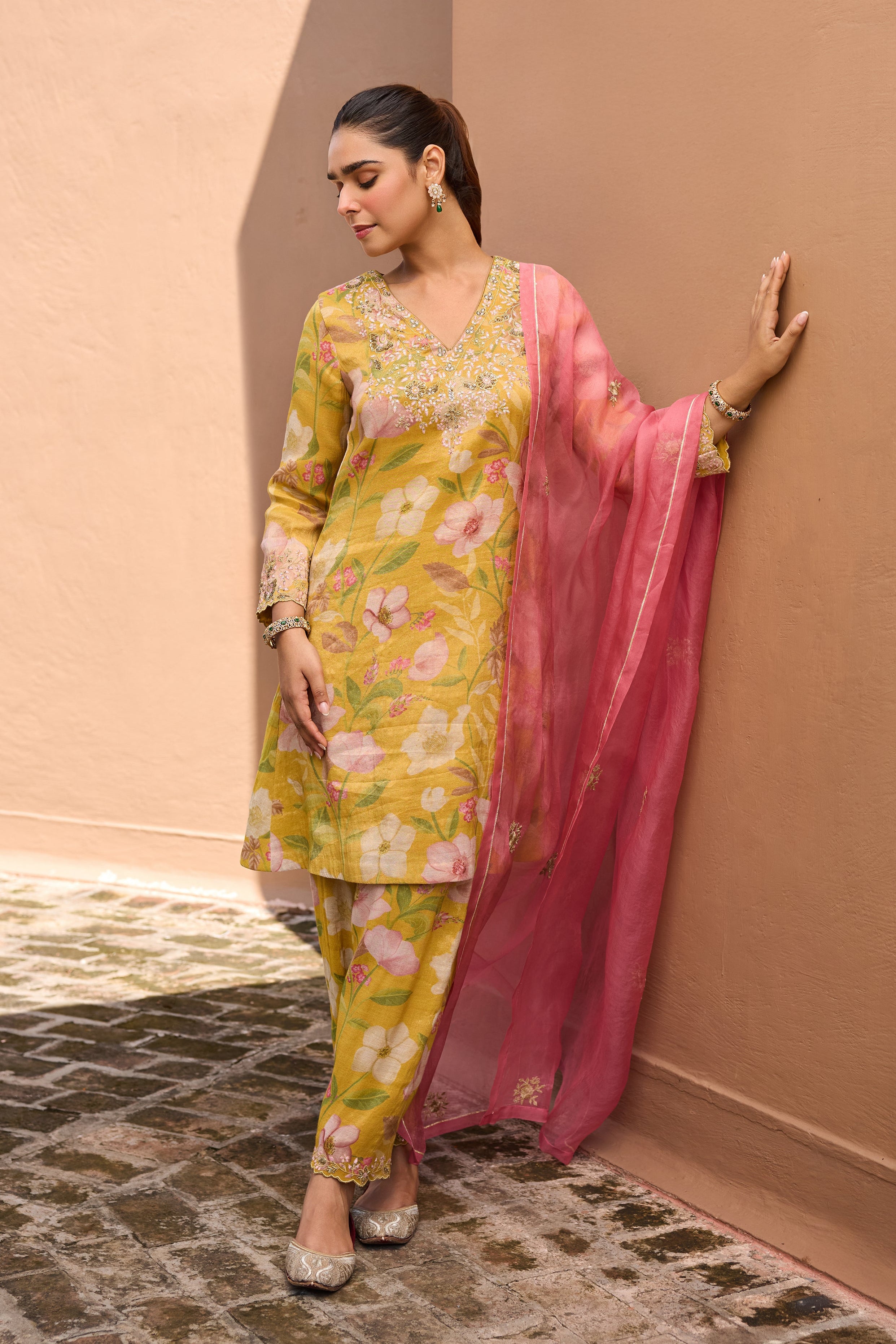 Ayesha Amin Nigam in Gulbaagh Tissue Floral Printed Embroidered Mustard A-Line Kurta Set