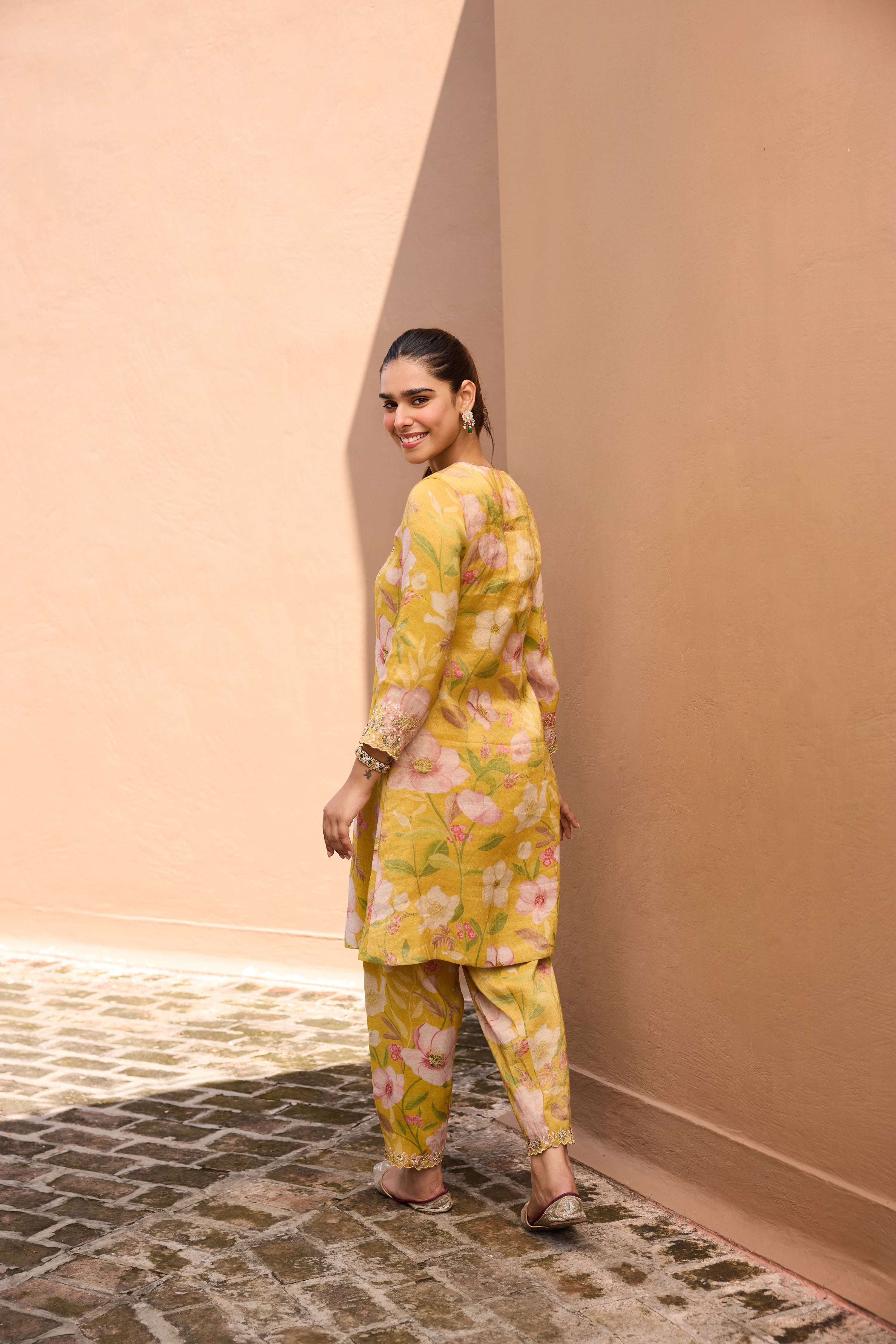 Ayesha Amin Nigam in Gulbaagh Tissue Floral Printed Embroidered Mustard A-Line Kurta Set