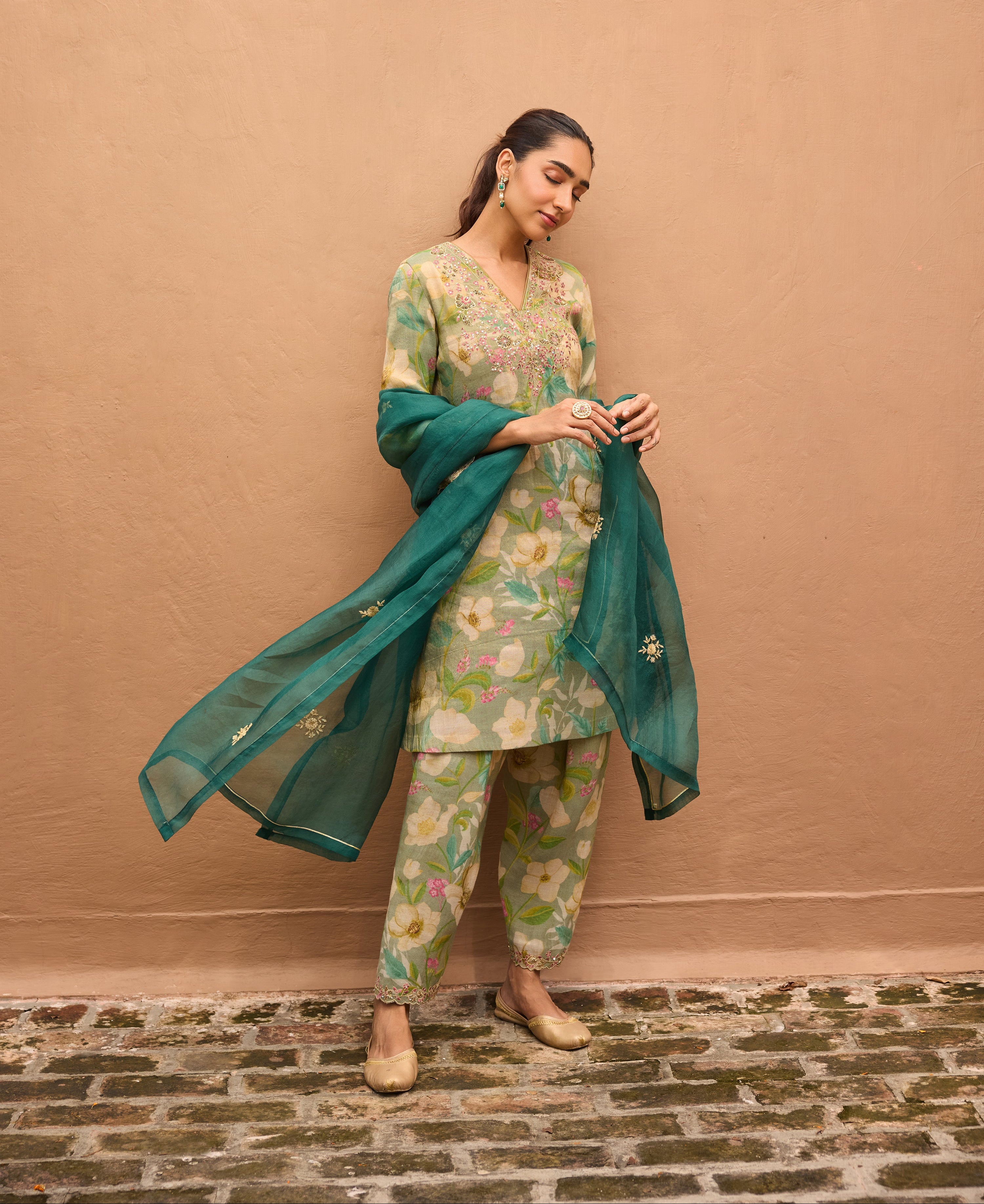 Gulbaagh Tissue Floral Printed Embroidered Turquoise A-Line Kurta Set