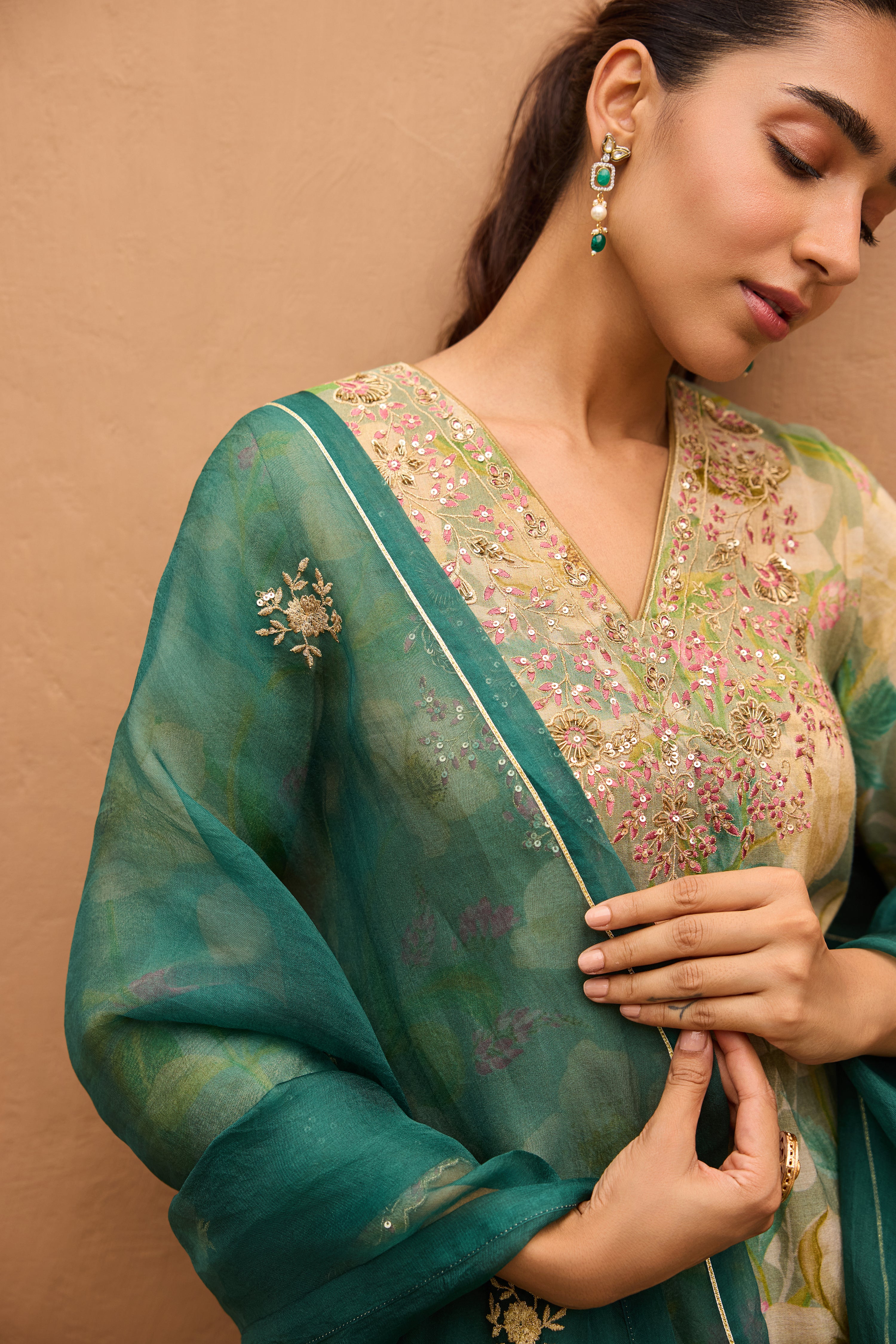 Gulbaagh Tissue Floral Printed Embroidered Turquoise A-Line Kurta Set