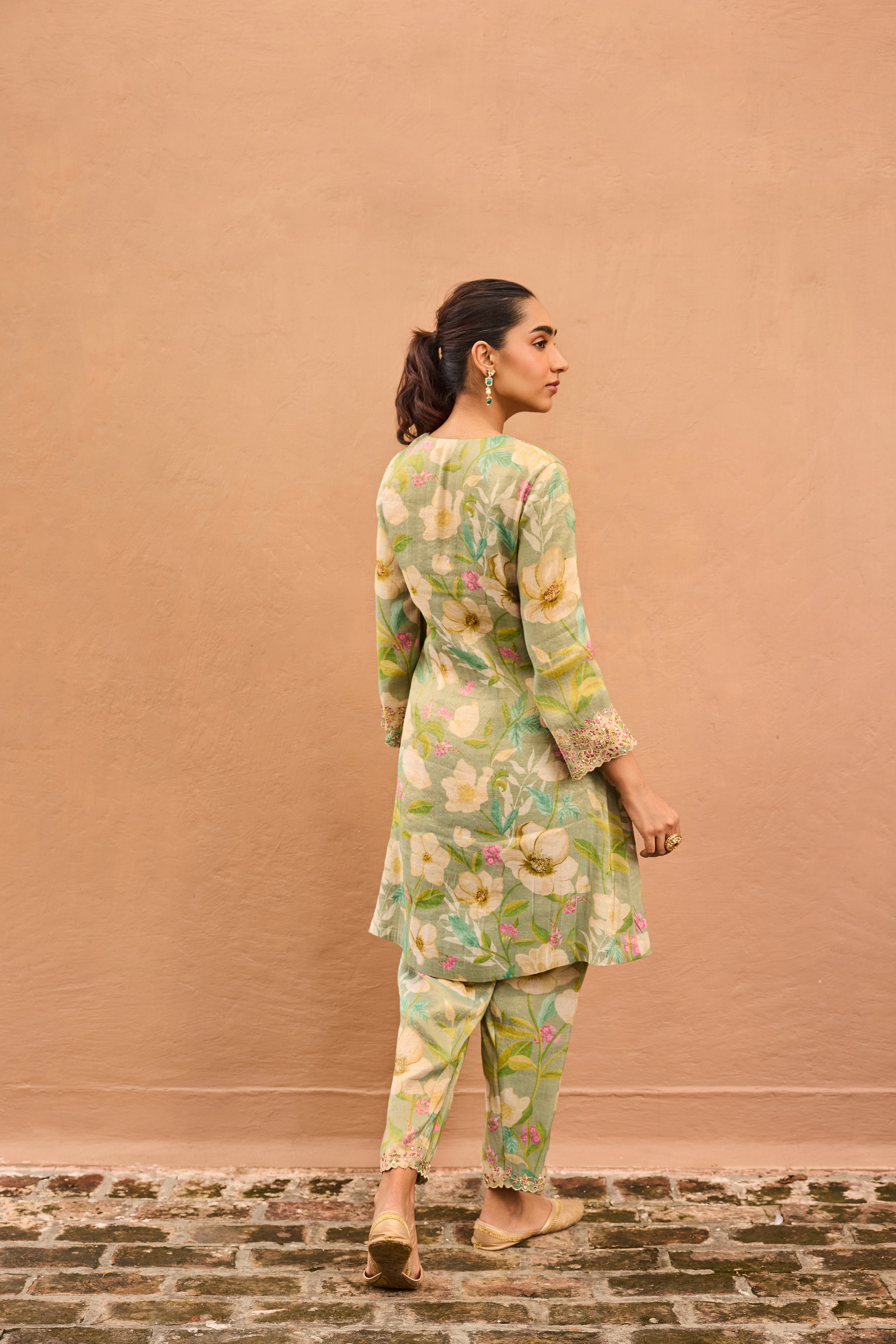 Gulbaagh Tissue Floral Printed Embroidered Turquoise A-Line Kurta Set