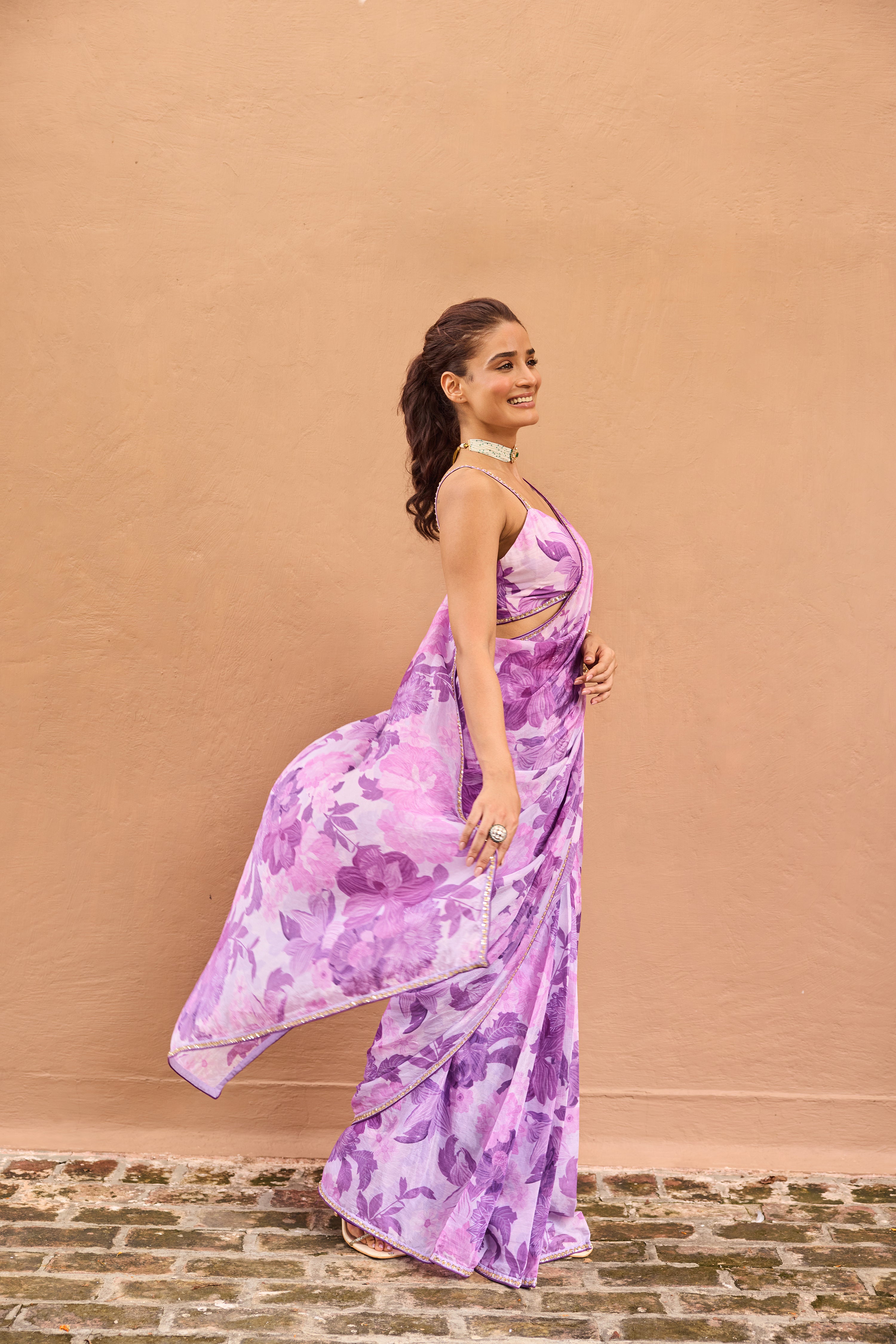 Amber Lilac Floral Printed Luxe Organza Saree