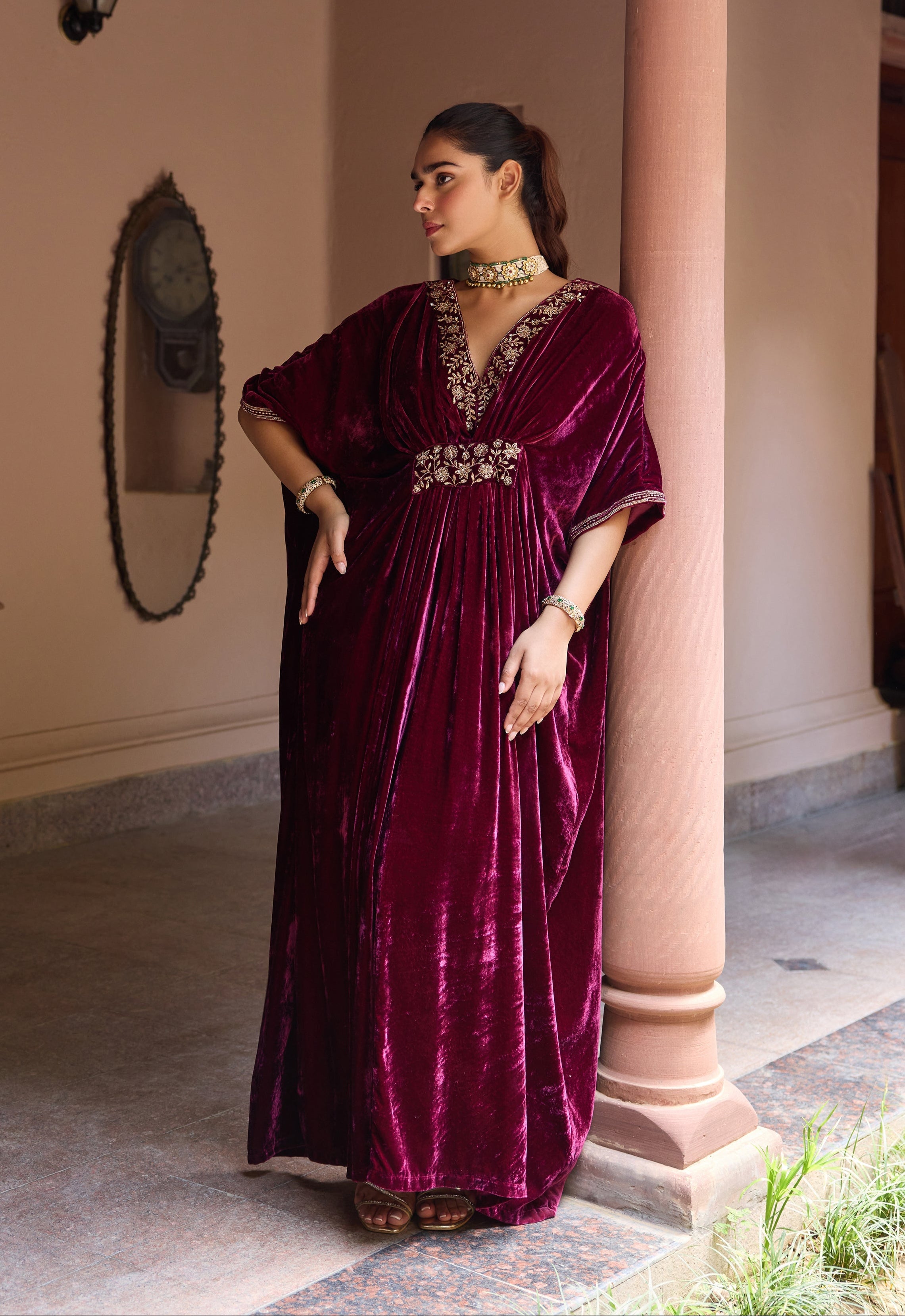 Gulzar Plum Silk Velvet Handcrafted Kaftan