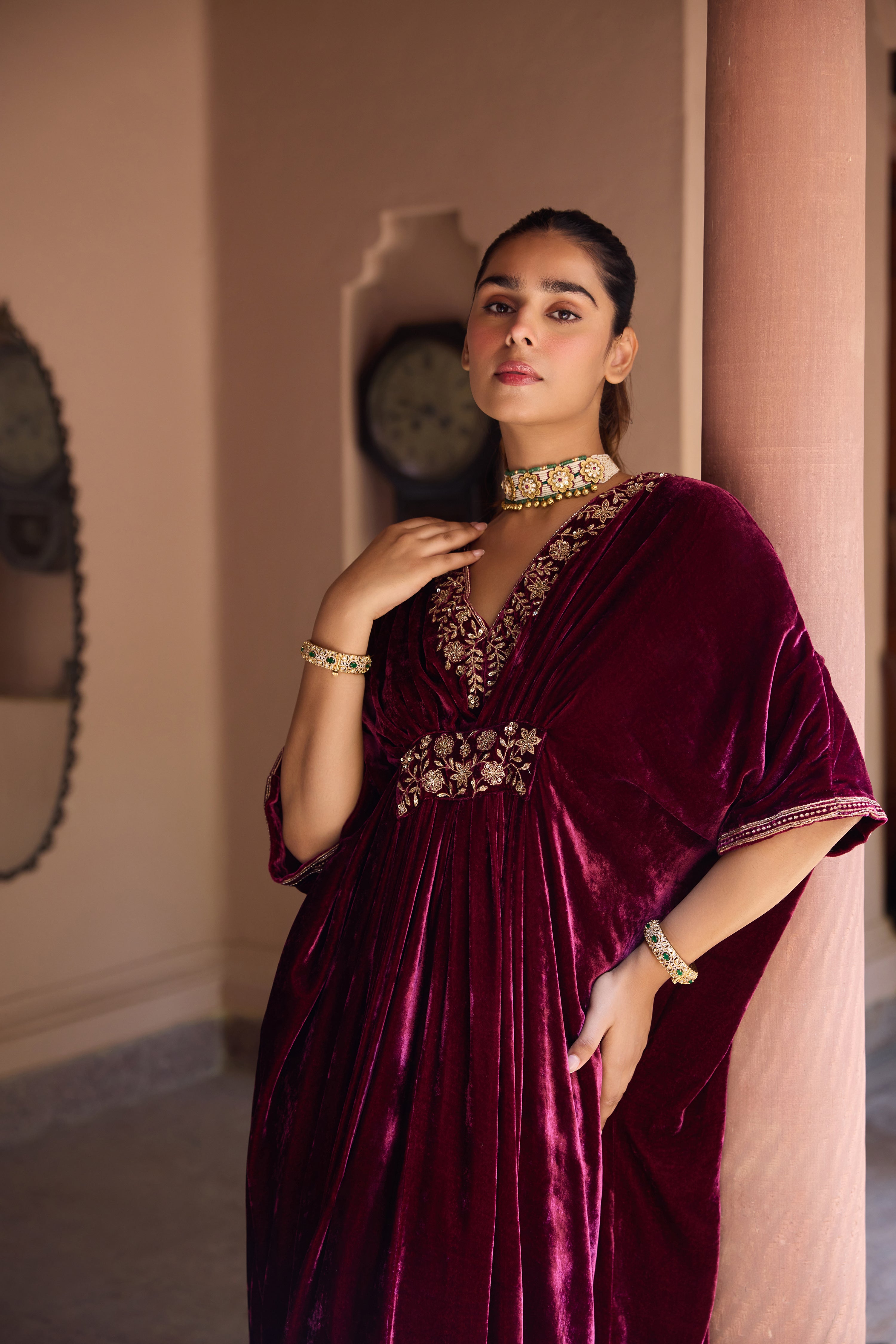 Gulzar Plum Silk Velvet Handcrafted Kaftan