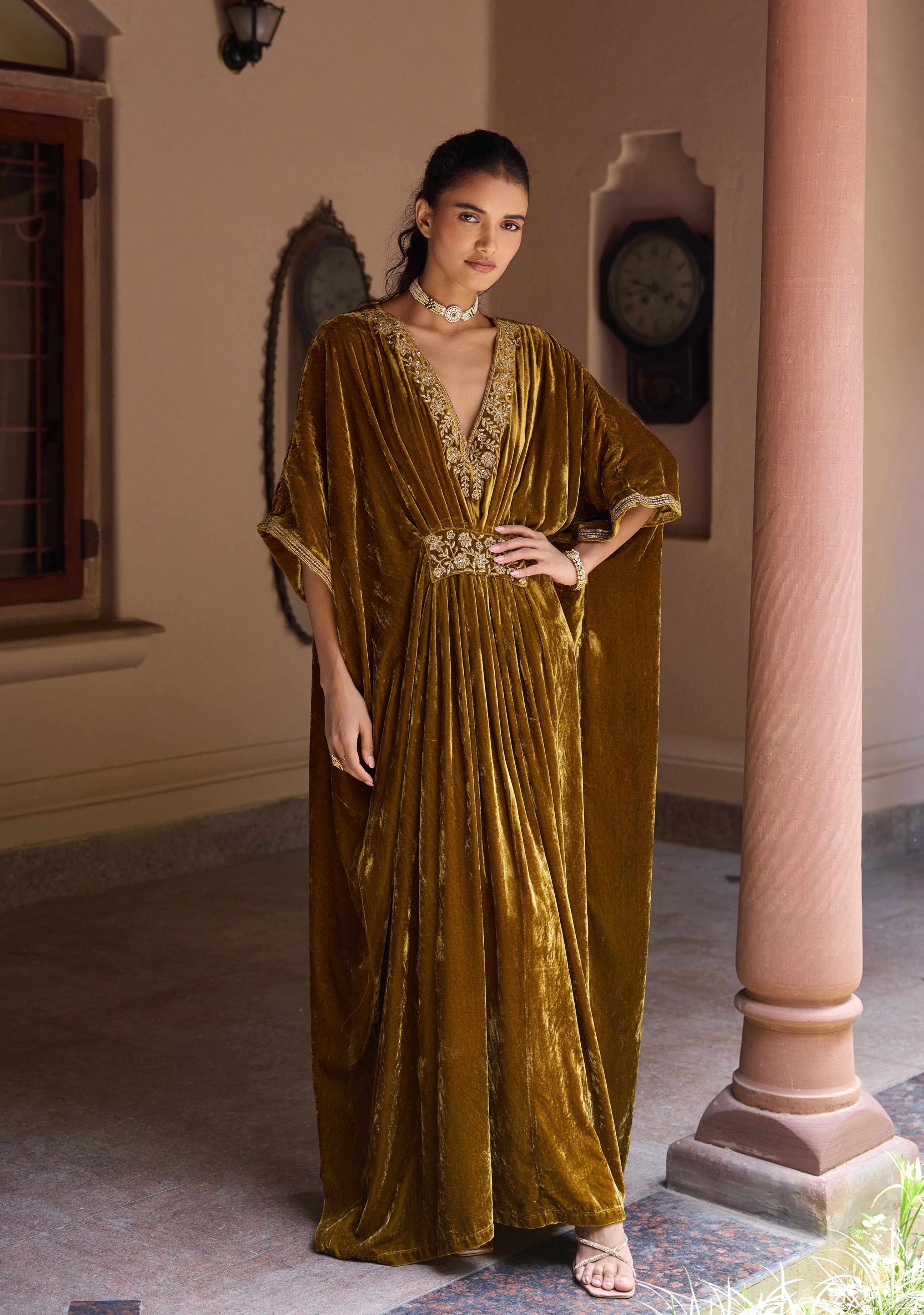 Gulzar Mustard Velvet Handcrafted Kaftan