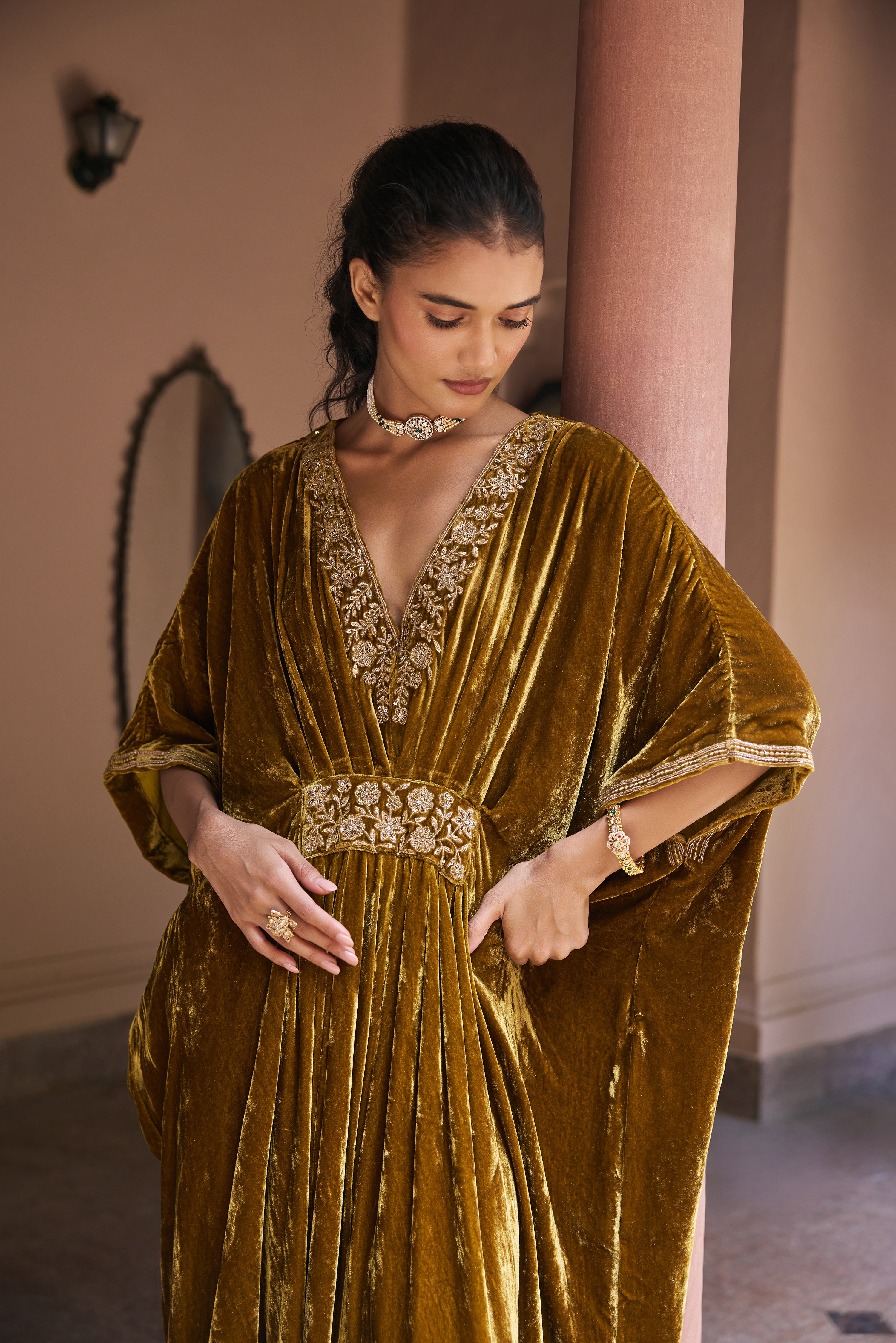 Mehal Kejriwal in Gulzar Mustard Velvet Handcrafted Kaftan