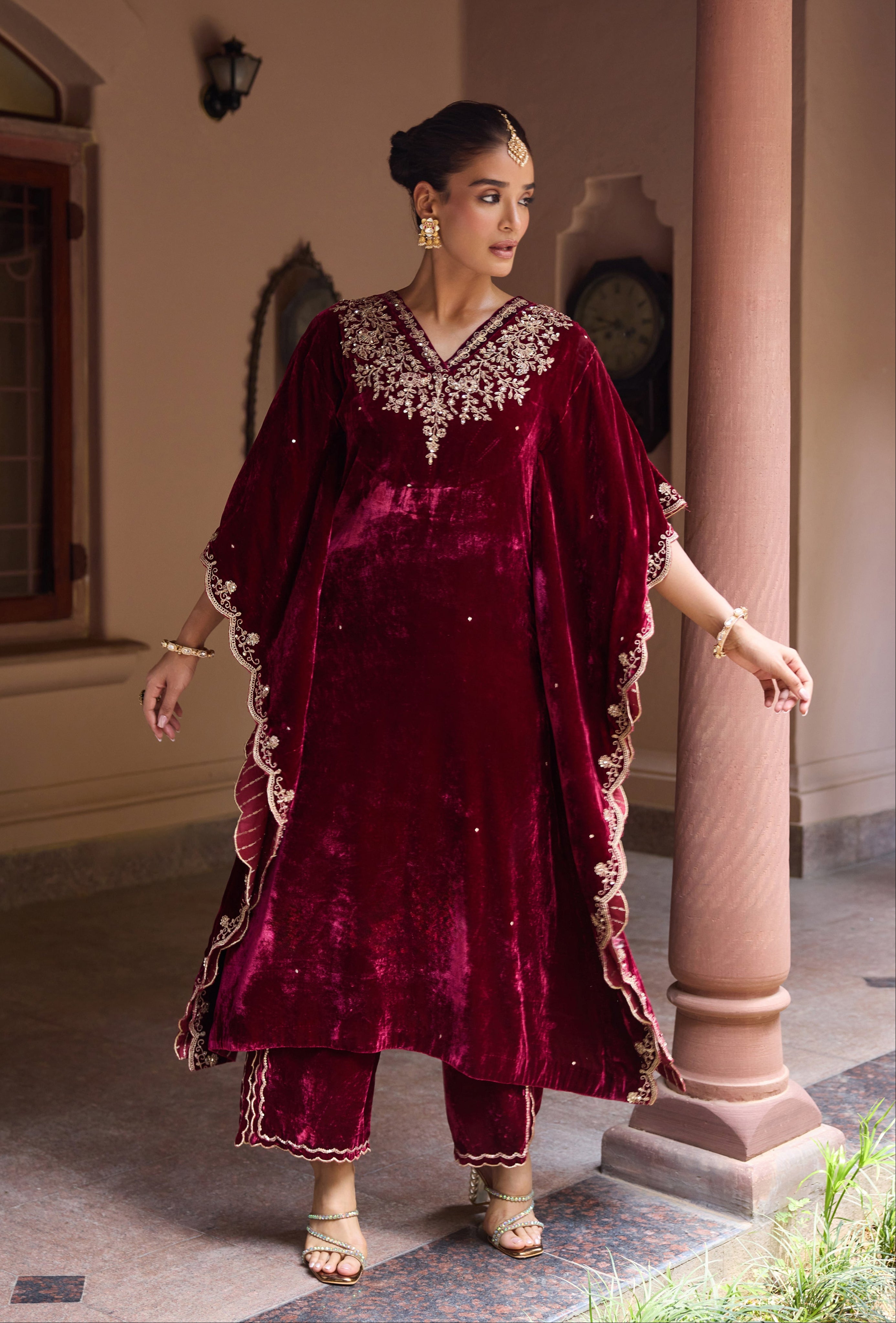 Shiveeka Nirula in Firoz Red Embroidered Silk Velvet Kaftan Set