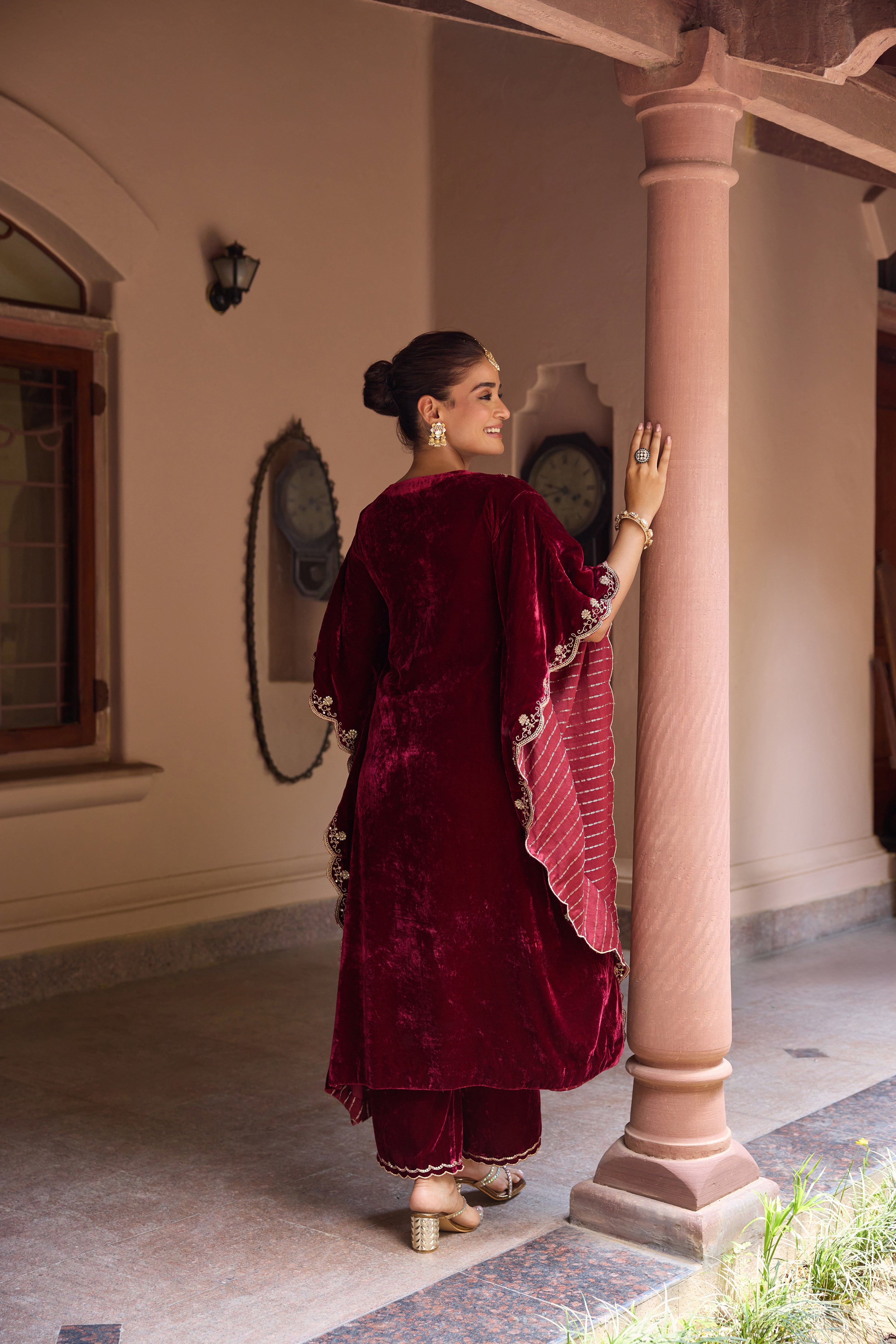 Shiveeka Nirula in Firoz Red Embroidered Silk Velvet Kaftan Set
