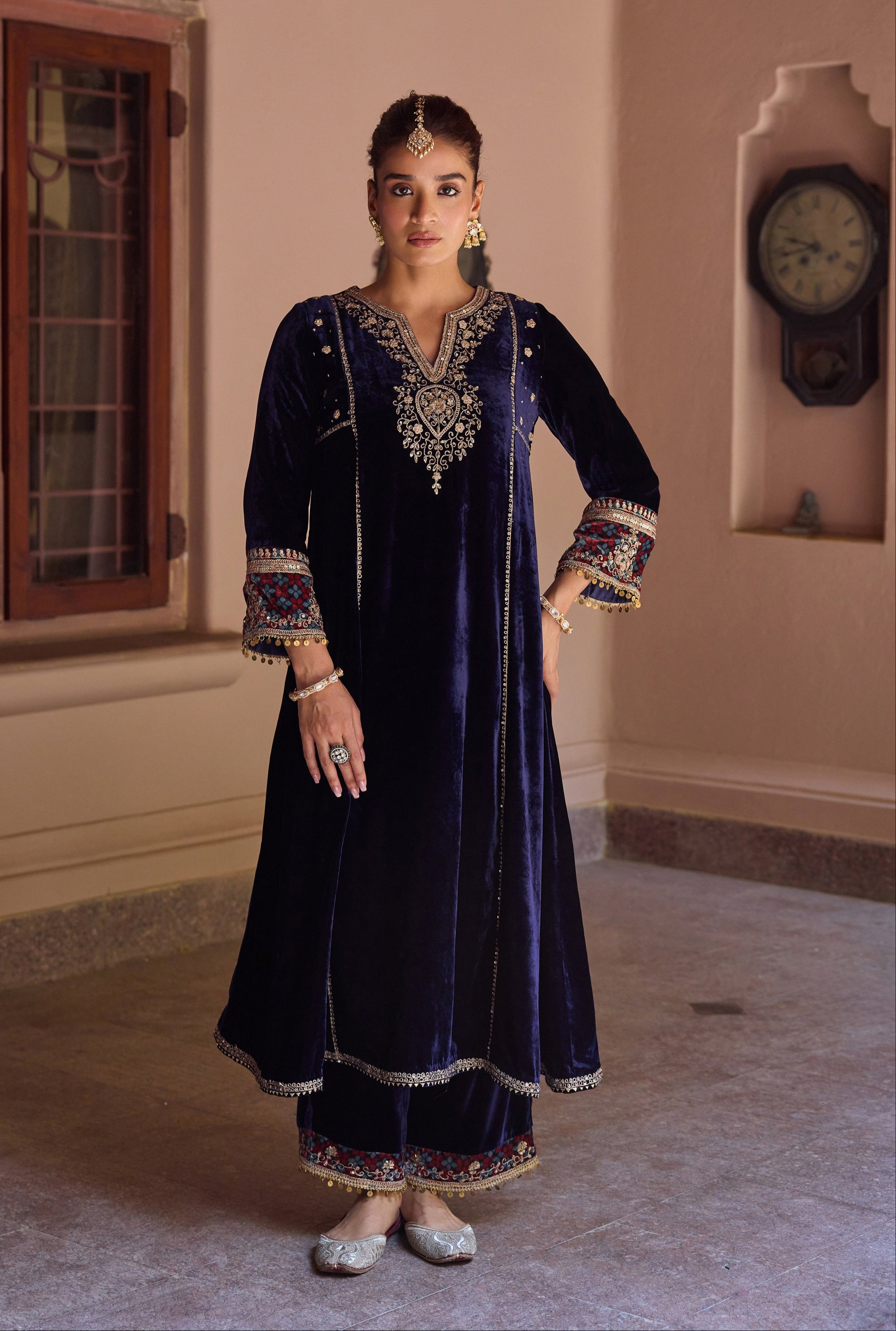 Shiveeka Nirula in Ziyana Navy Blue Embroidered Silk Velvet A-Line Kurta Set