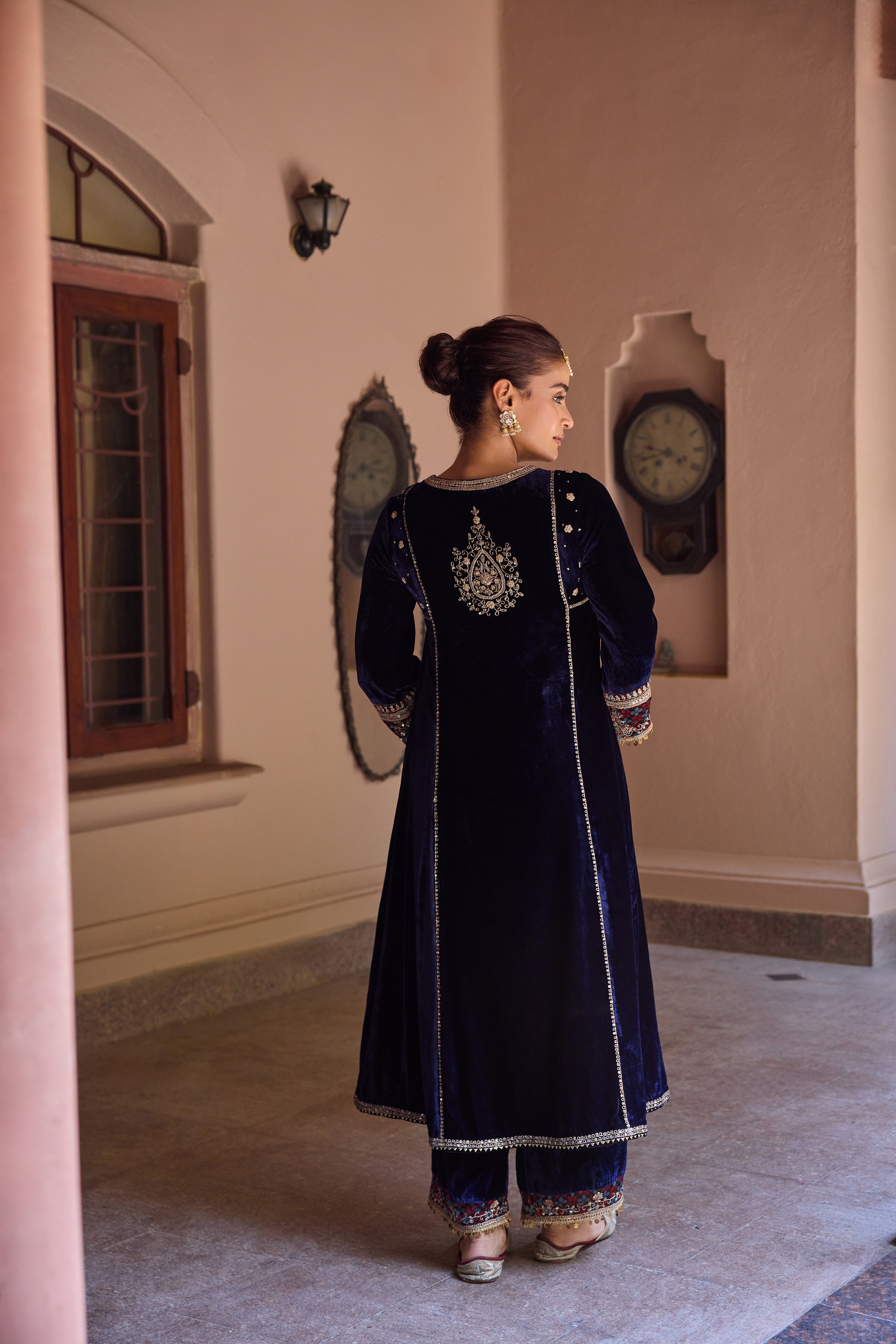 Ziyana Navy Blue Embroidered Silk Velvet A-Line Kurta Set