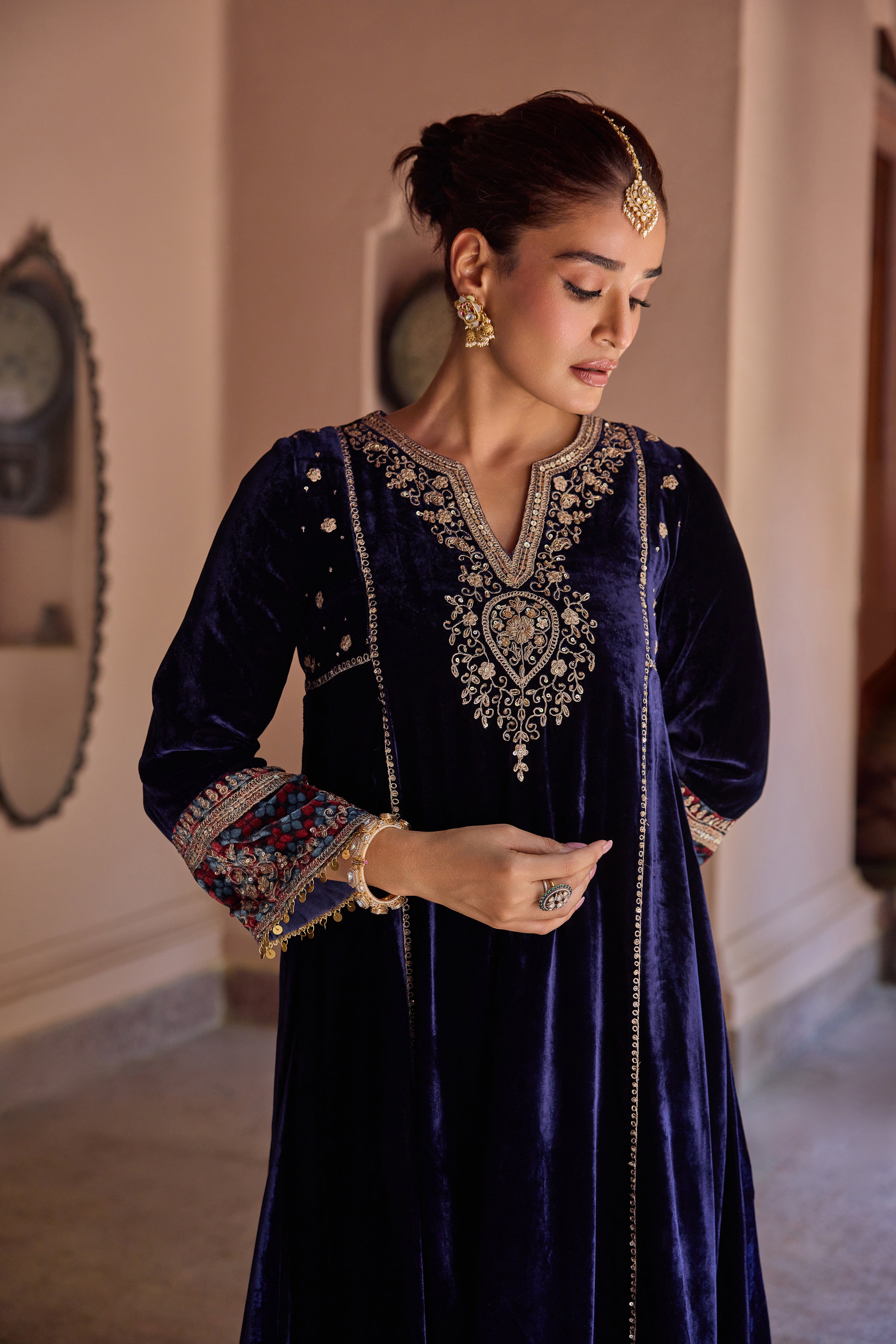 Ziyana Navy Blue Embroidered Silk Velvet A-Line Kurta Set
