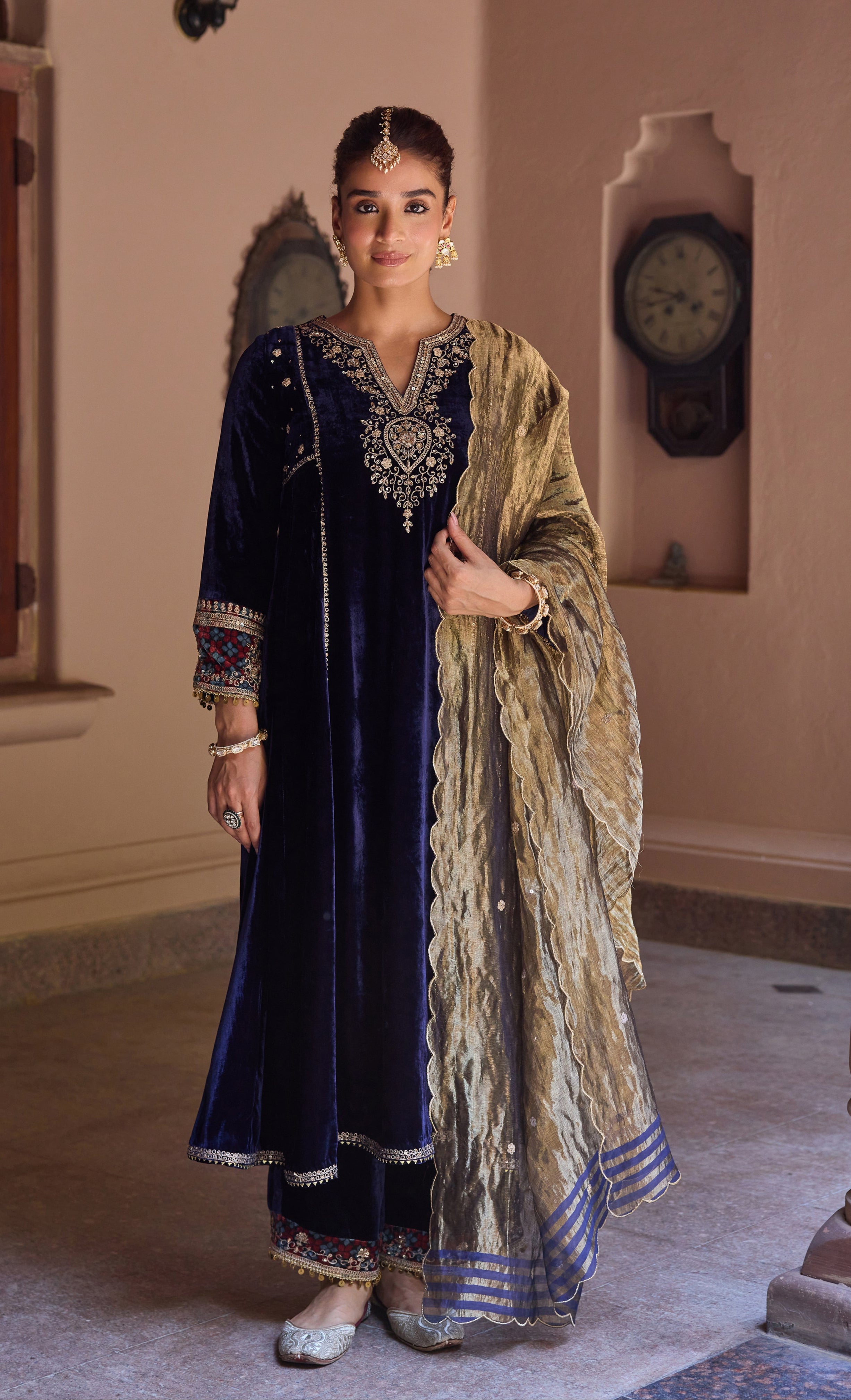 Ziyana Navy Blue Embroidered Silk Velvet A-Line Kurta Set
