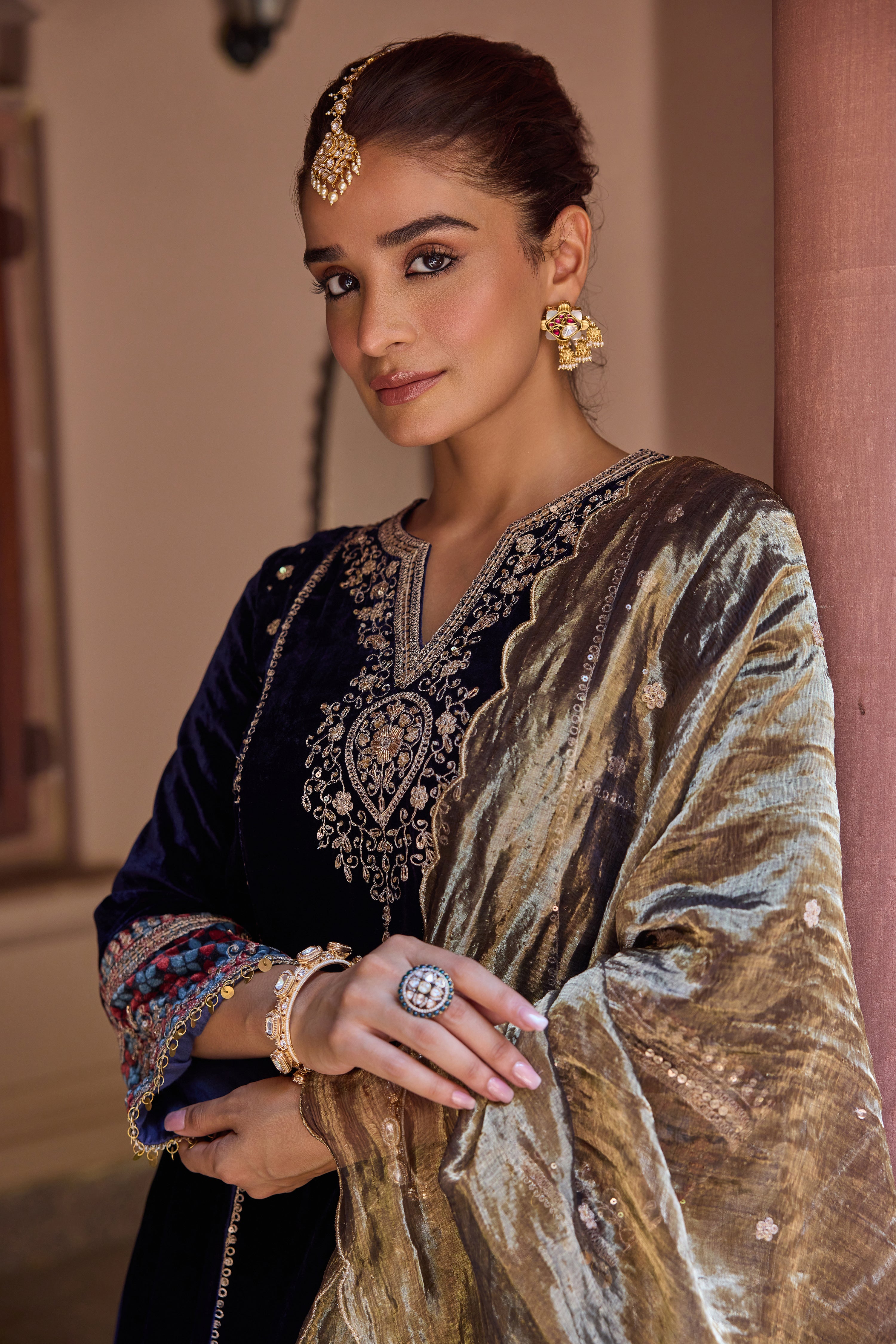 Ziyana Navy Blue Embroidered Silk Velvet A-Line Kurta Set