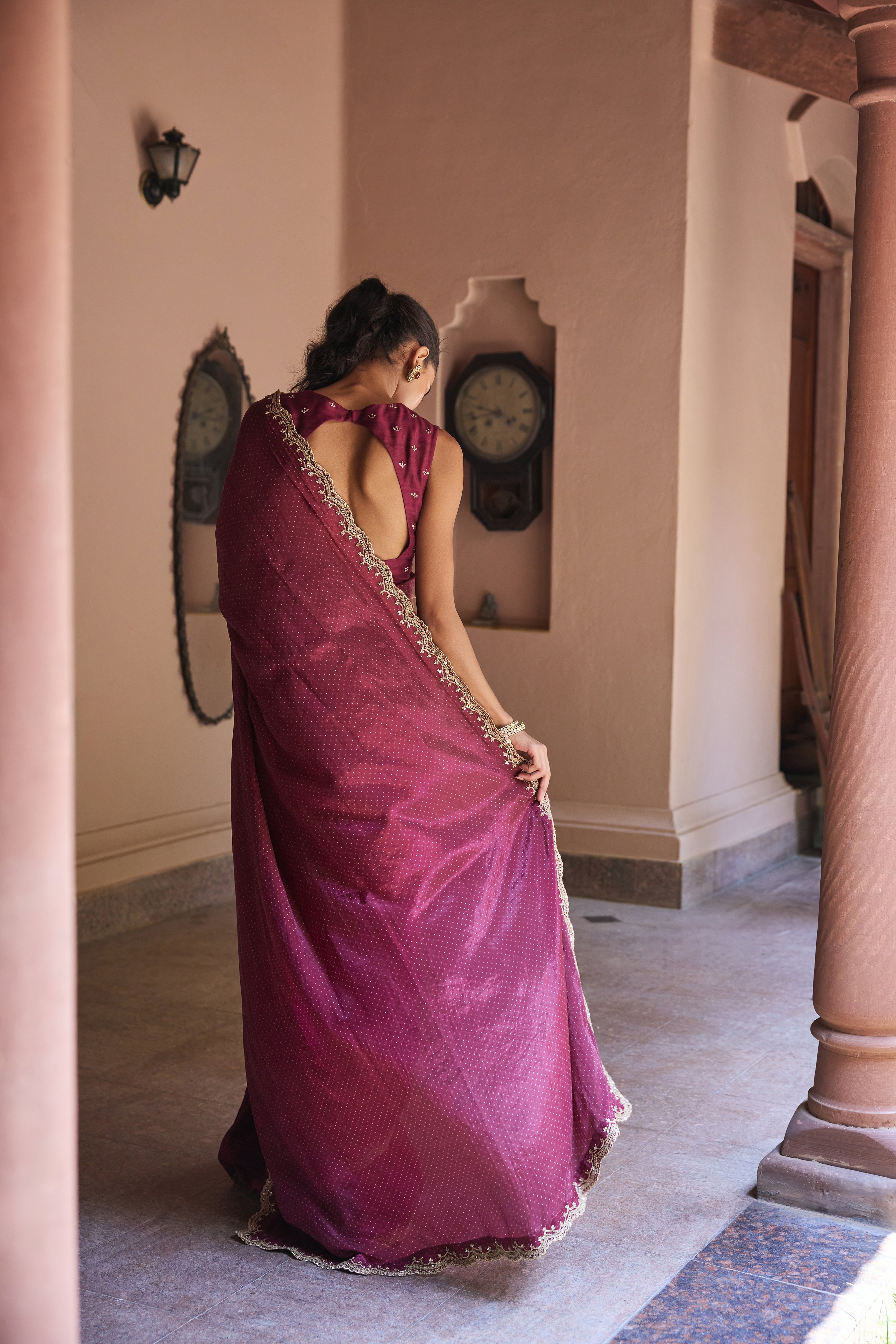 Alisha Wine Polka Dot Printed Luxe Organza Saree