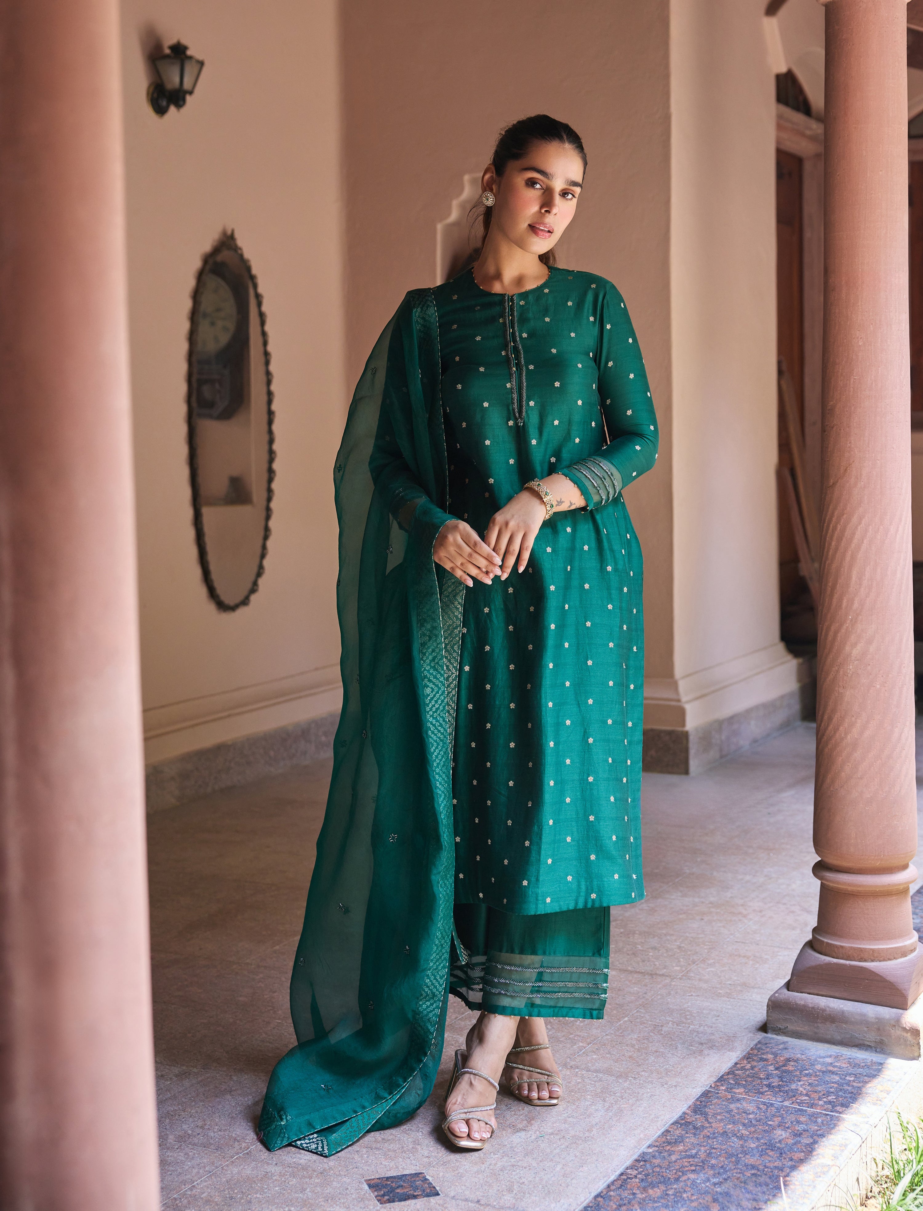Chand Jacquard Silk Chanderi Embroidered Emerald Green Straight Kurta Set