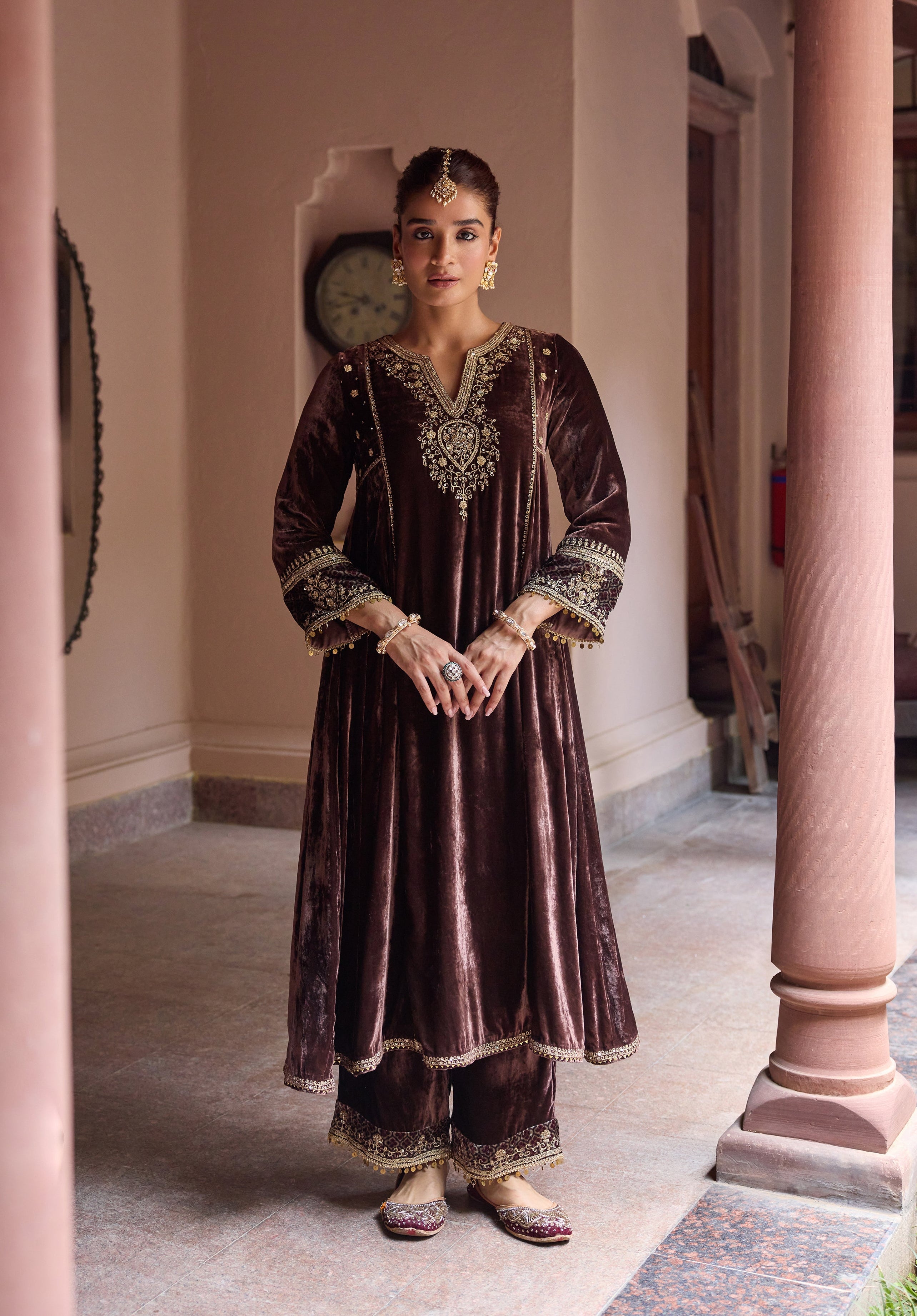 Ziyana Mocha Mousse Embroidered Silk Velvet A-Line Kurta Set (READY TO SHIP)