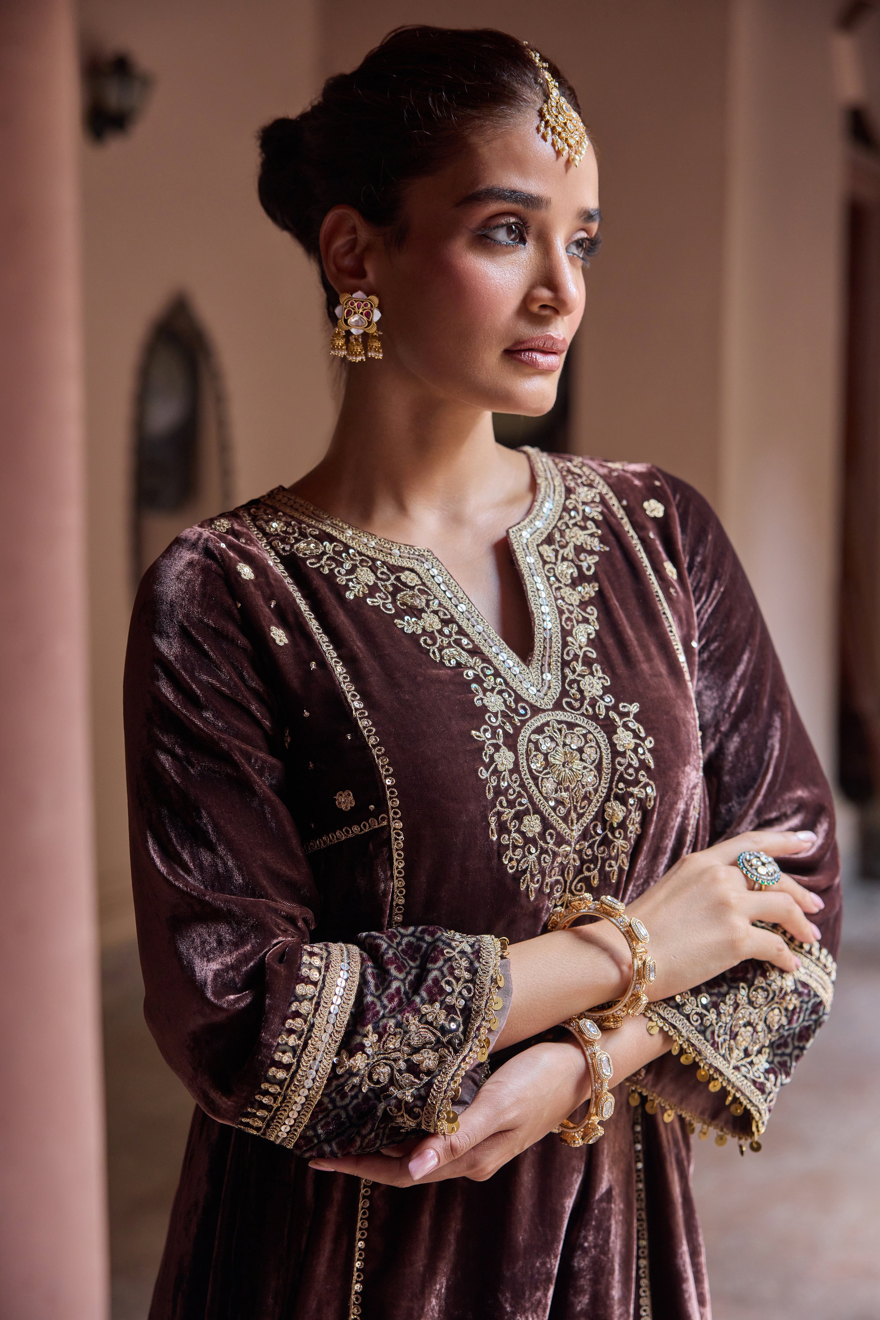 Ziyana Mocha Mousse Embroidered Silk Velvet A-Line Kurta Set (READY TO SHIP)