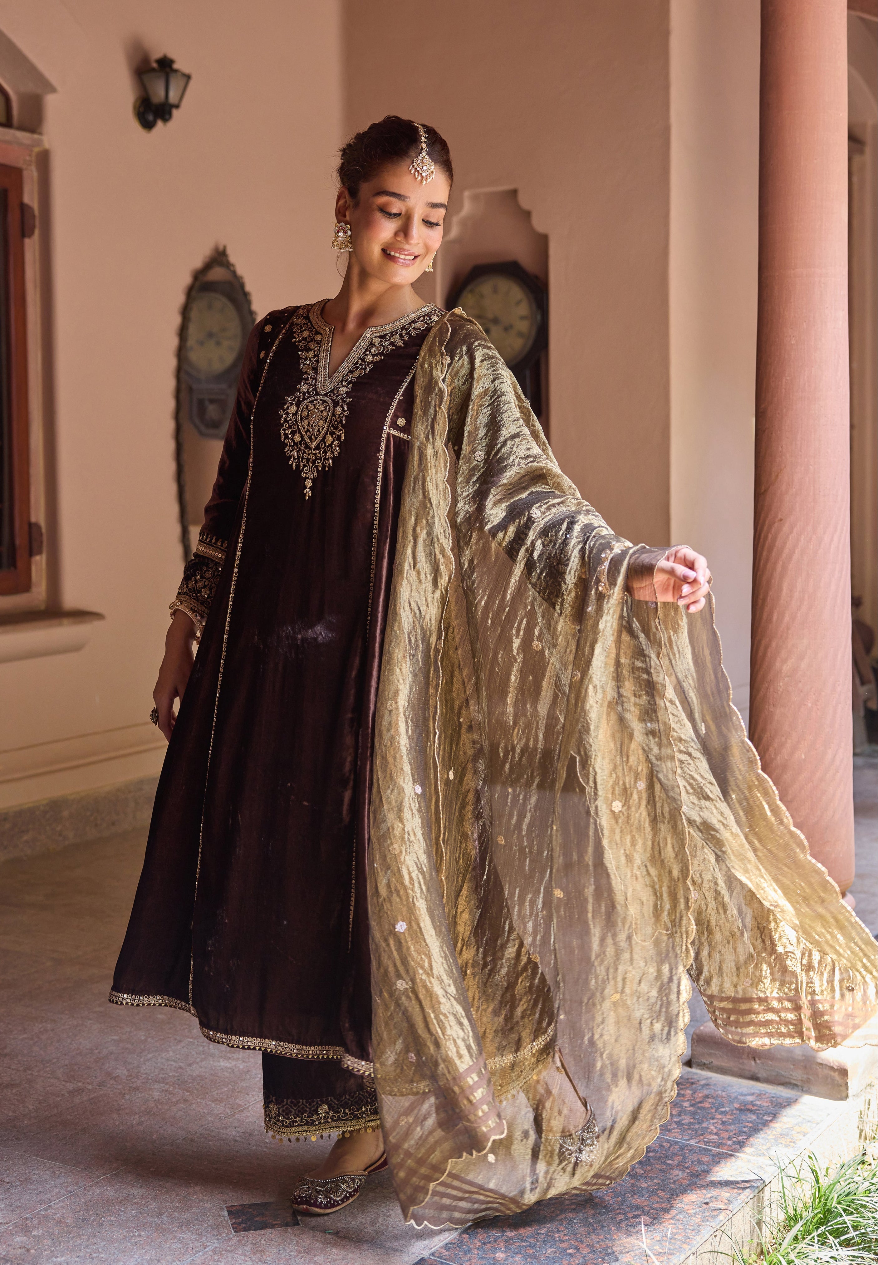 Ziyana Mocha Mousse Embroidered Silk Velvet A-Line Kurta Set (READY TO SHIP)