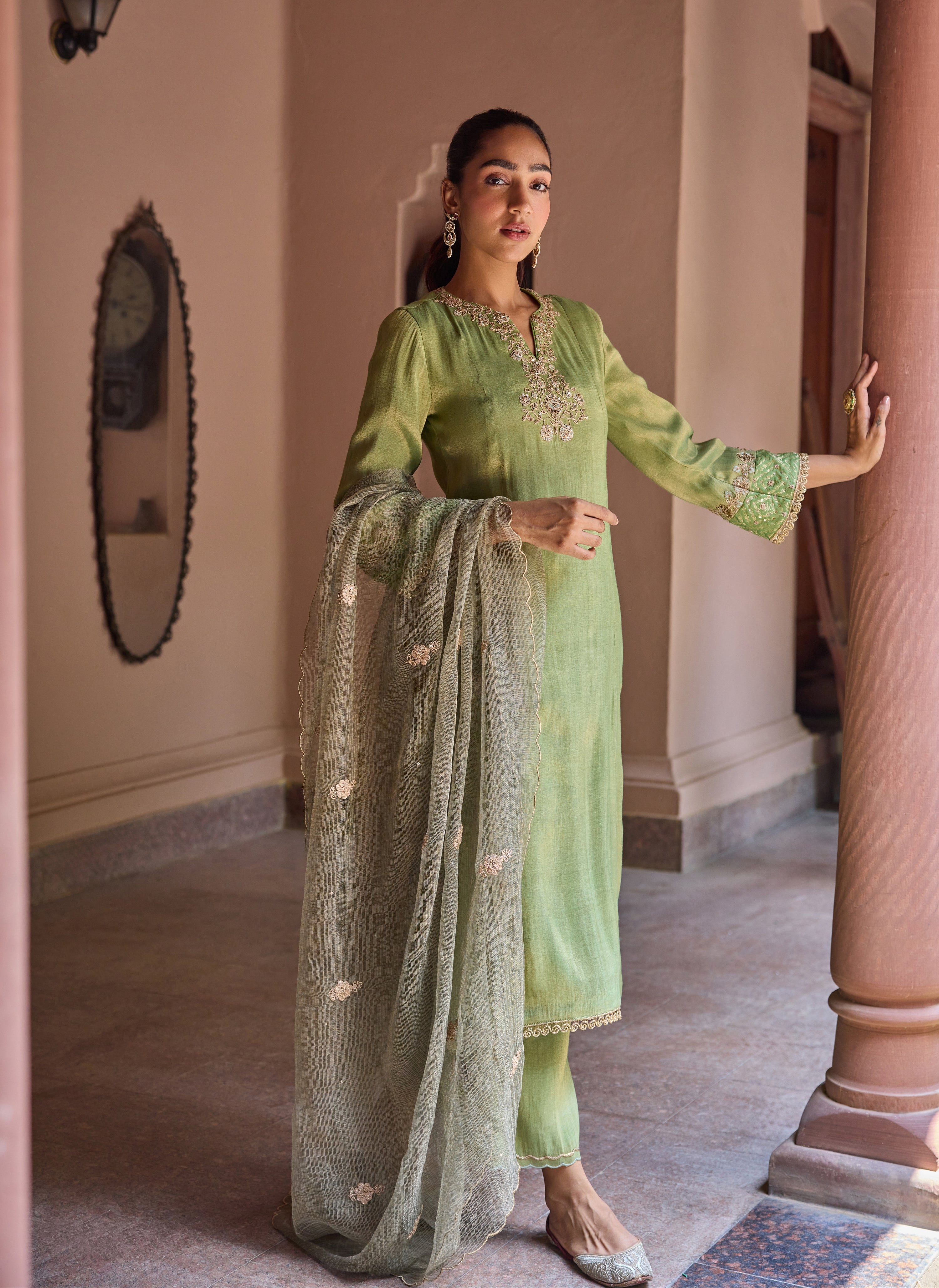Divani Tissue Embroidered Green Straight Kurta Set (READY TO SHIP)