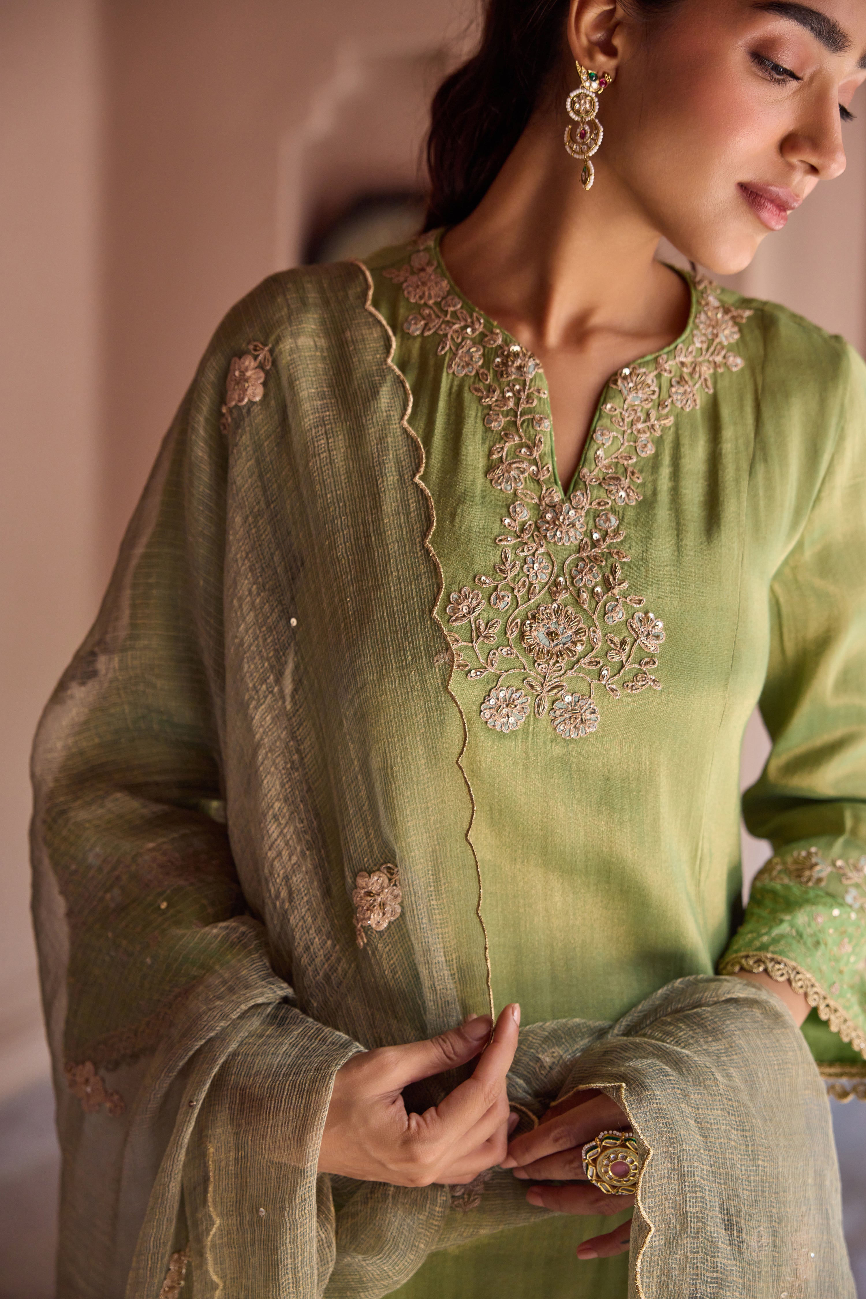 Divani Tissue Embroidered Green Straight Kurta Set
