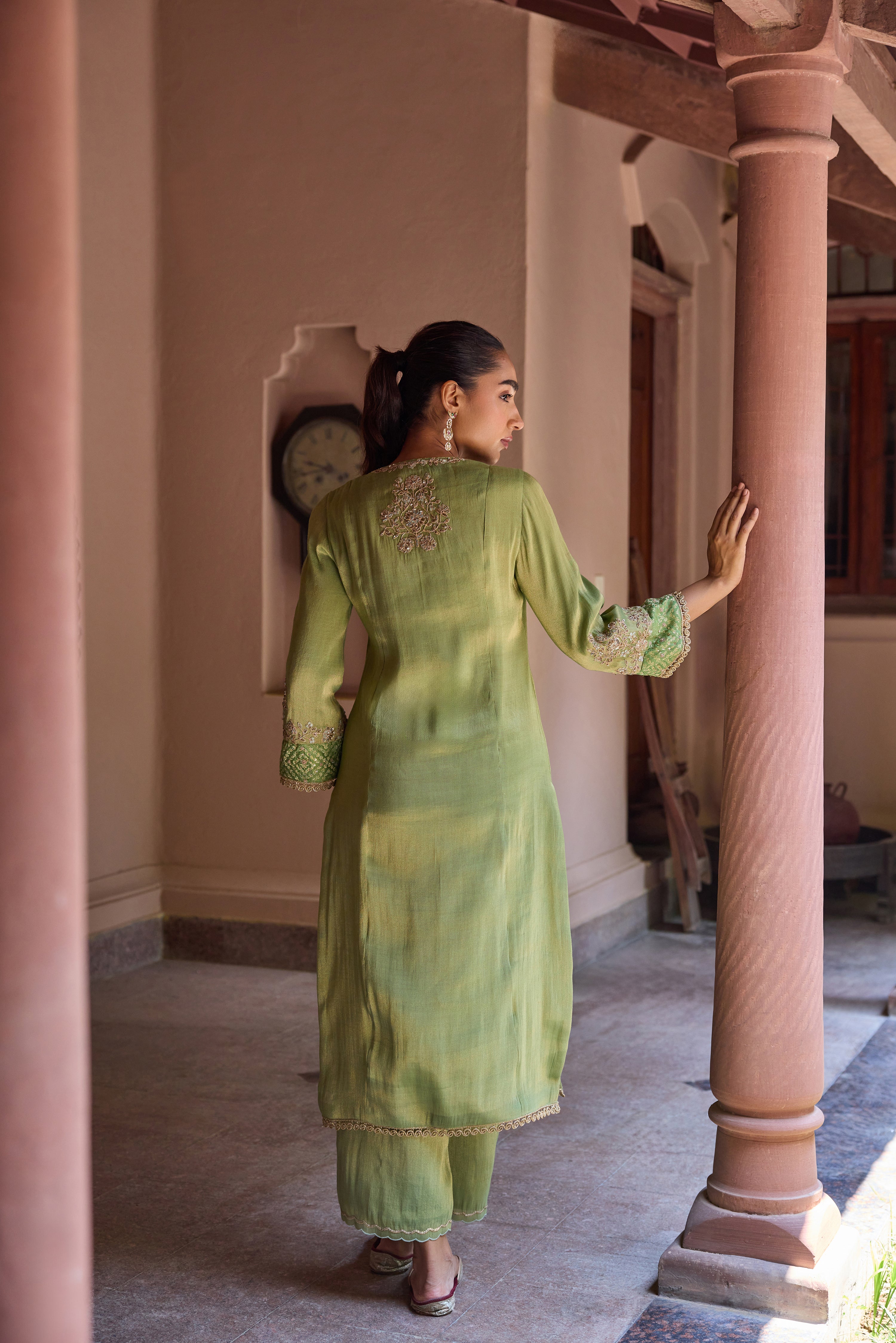 Divani Tissue Embroidered Green Straight Kurta Set