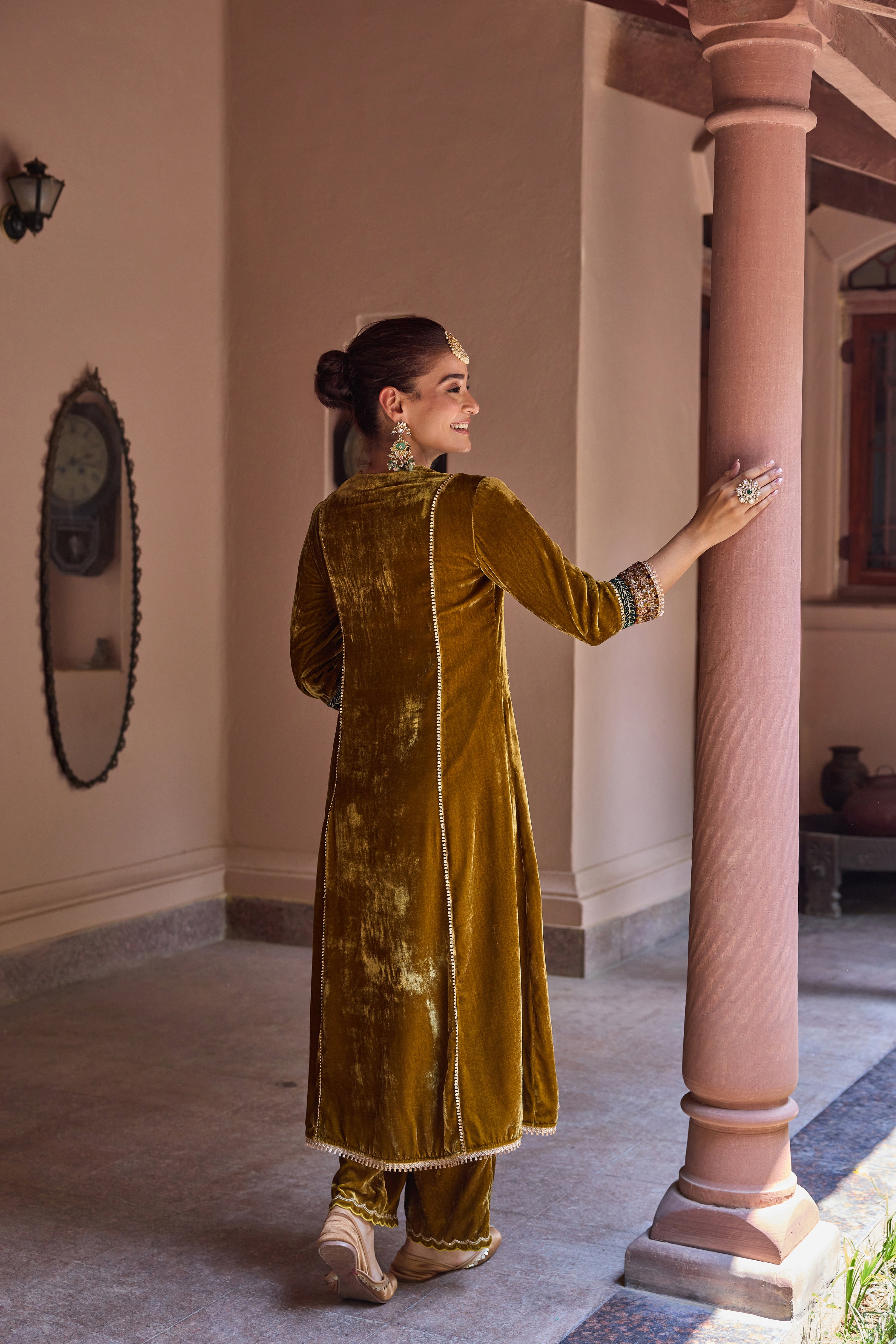Anokhi Mustard Embroidered Silk Velvet Handcrafted Kurta Set