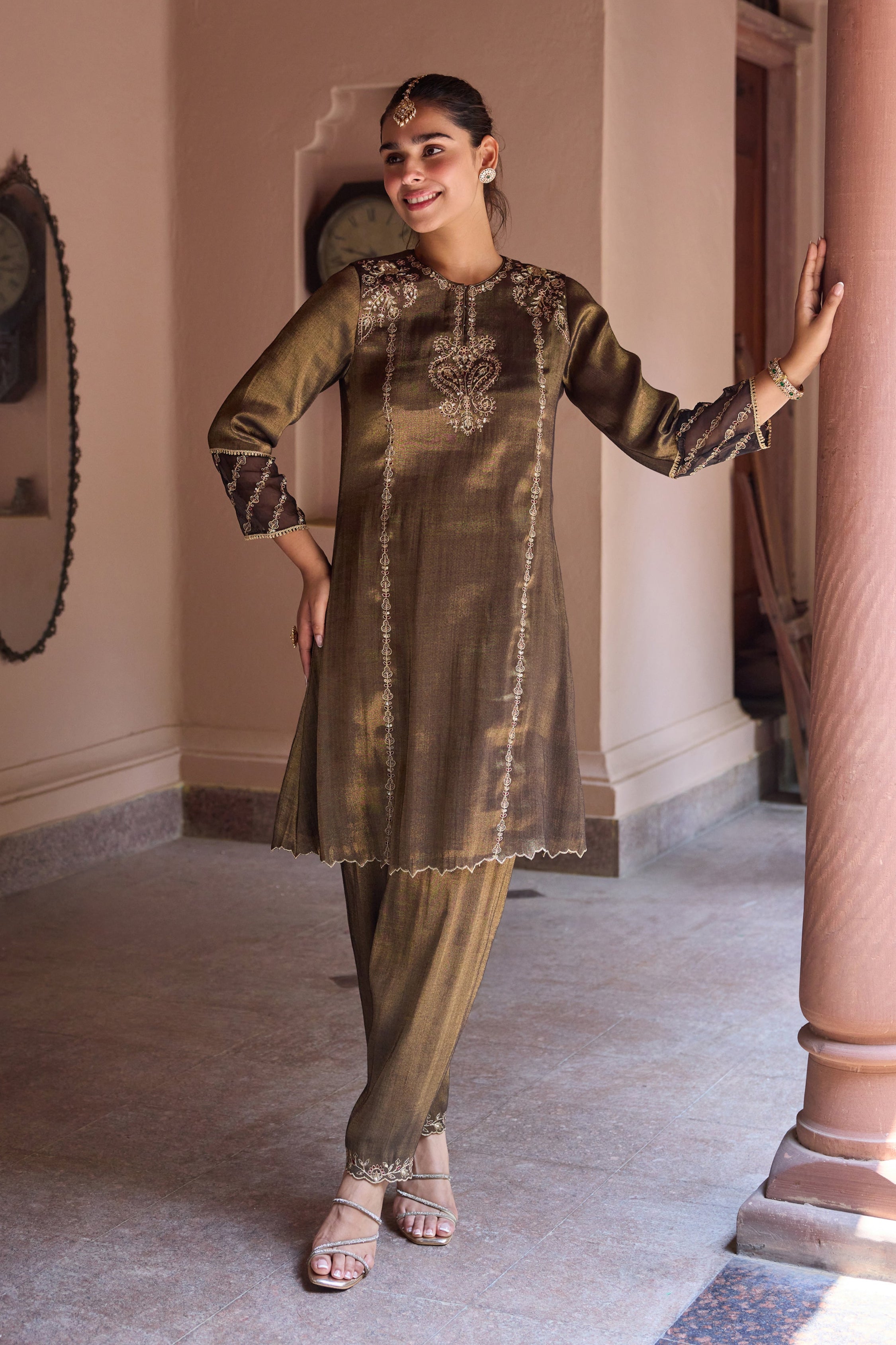 Nurah Tissue Embroidered Black A-Line Kurta Set