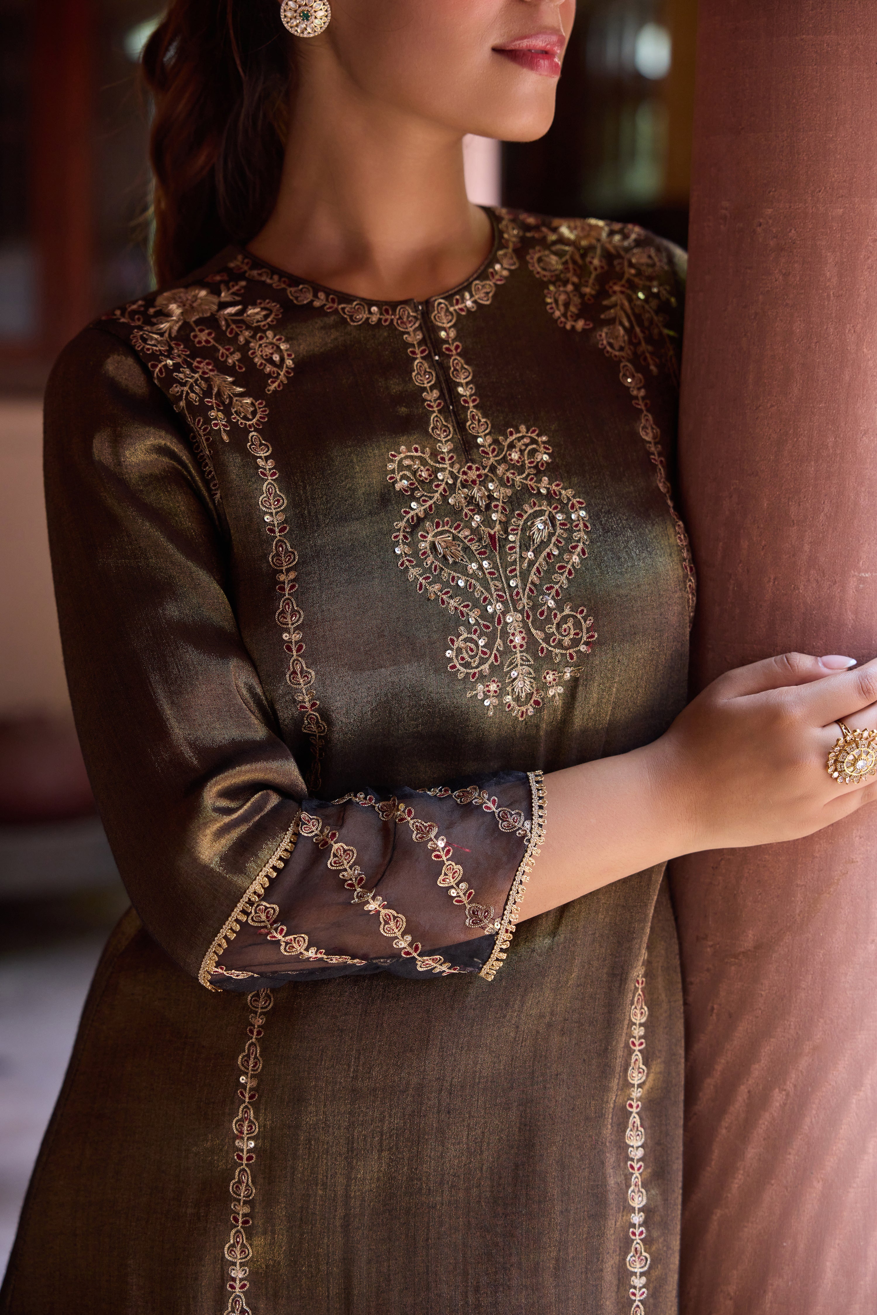 Nurah Tissue Embroidered Black A-Line Kurta Set