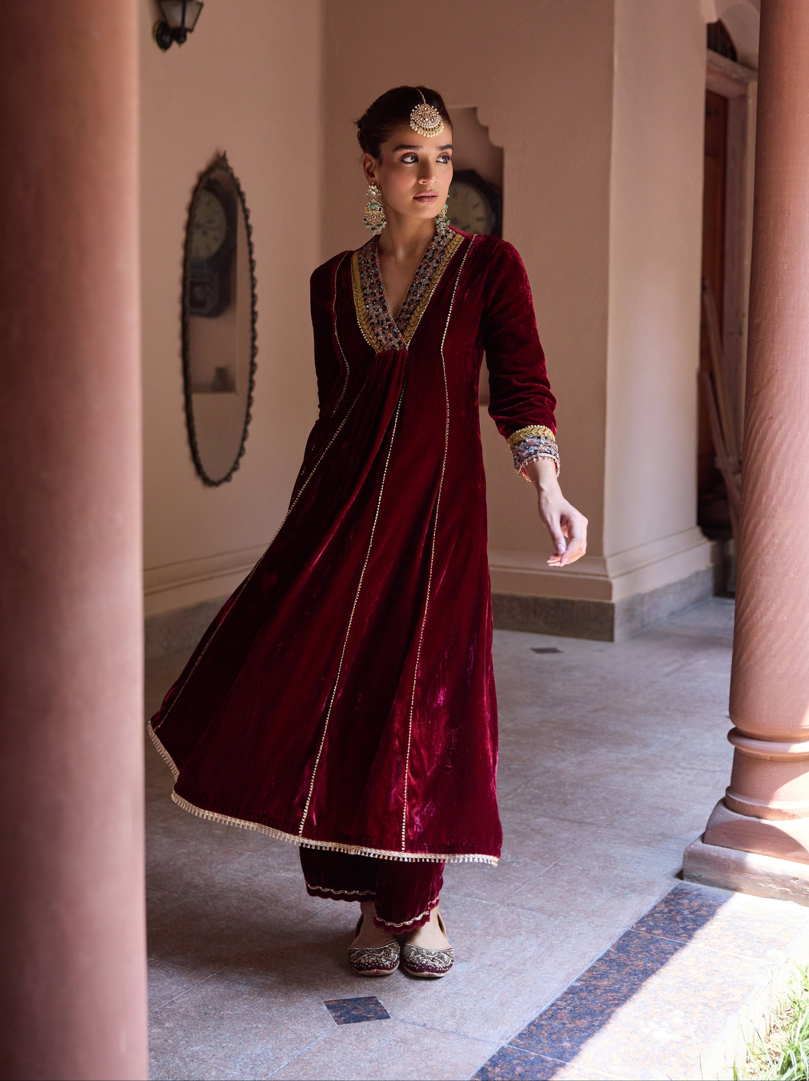 Anokhi Red Embroidered Silk Velvet Handcrafted Kurta Set