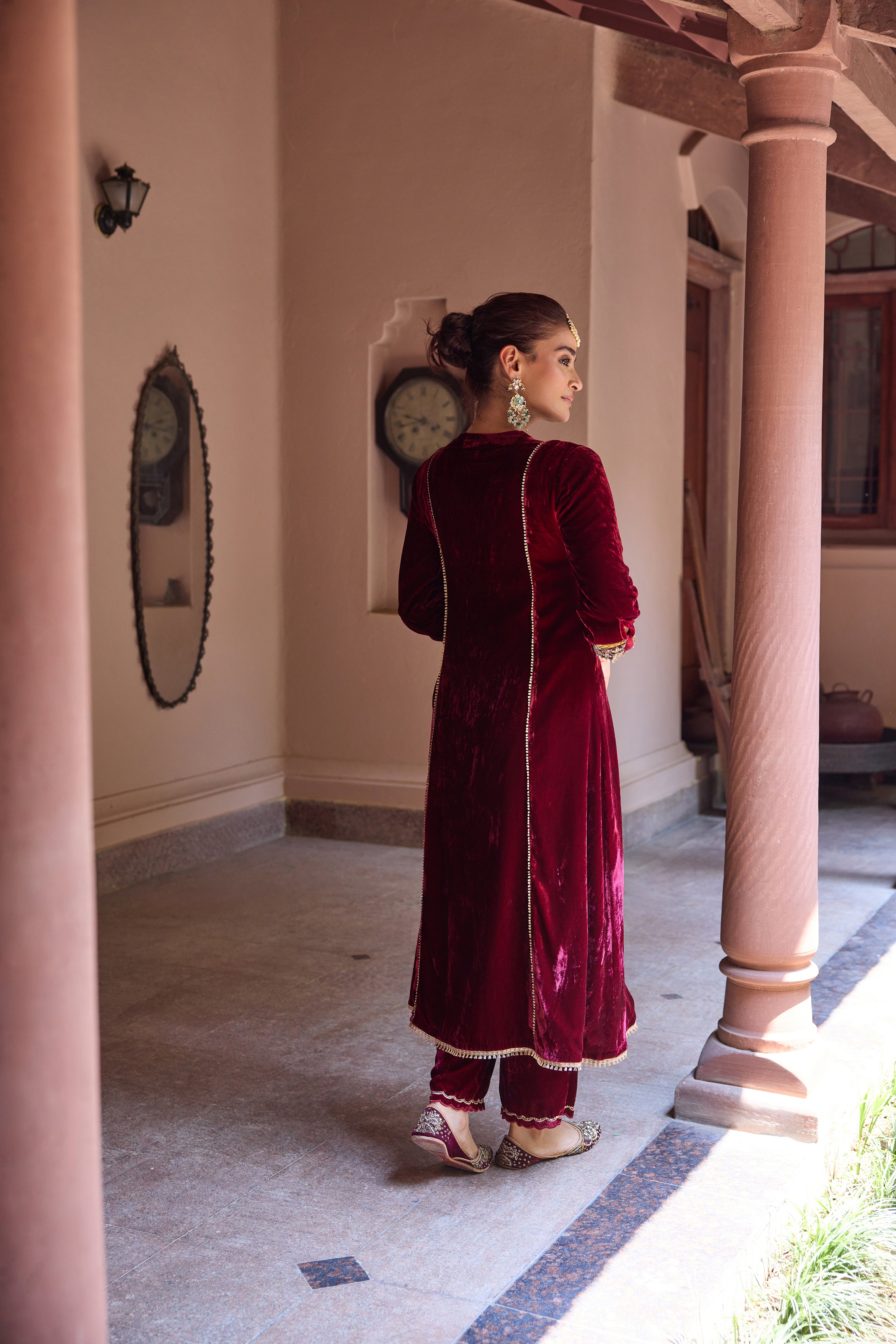 Anokhi Red Embroidered Silk Velvet Handcrafted Kurta Set