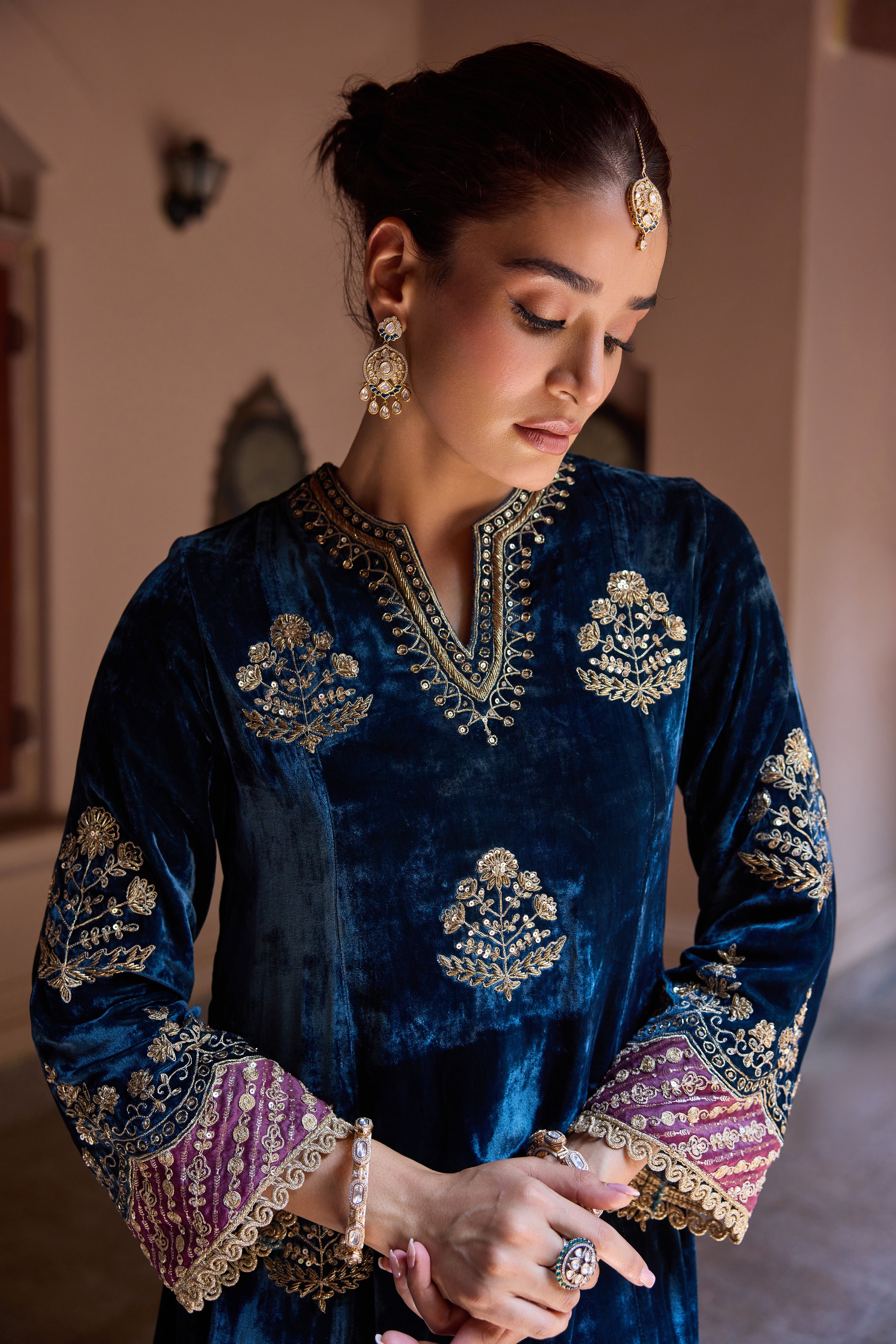 Dilruba Silk Velvet Embroidered Midnight Blue A-Line Kurta Set