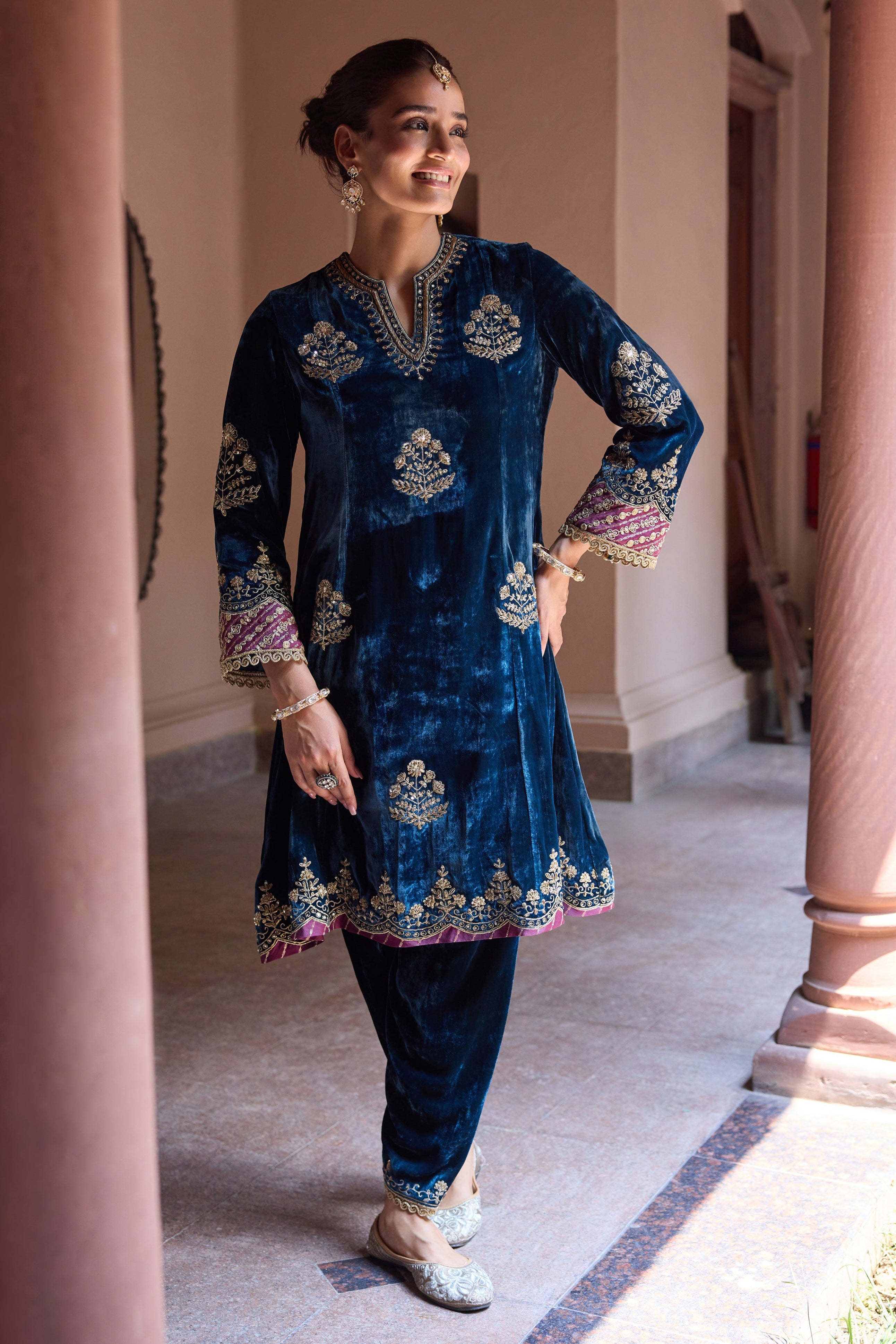 Dilruba Silk Velvet Embroidered Midnight Blue A-Line Kurta Set