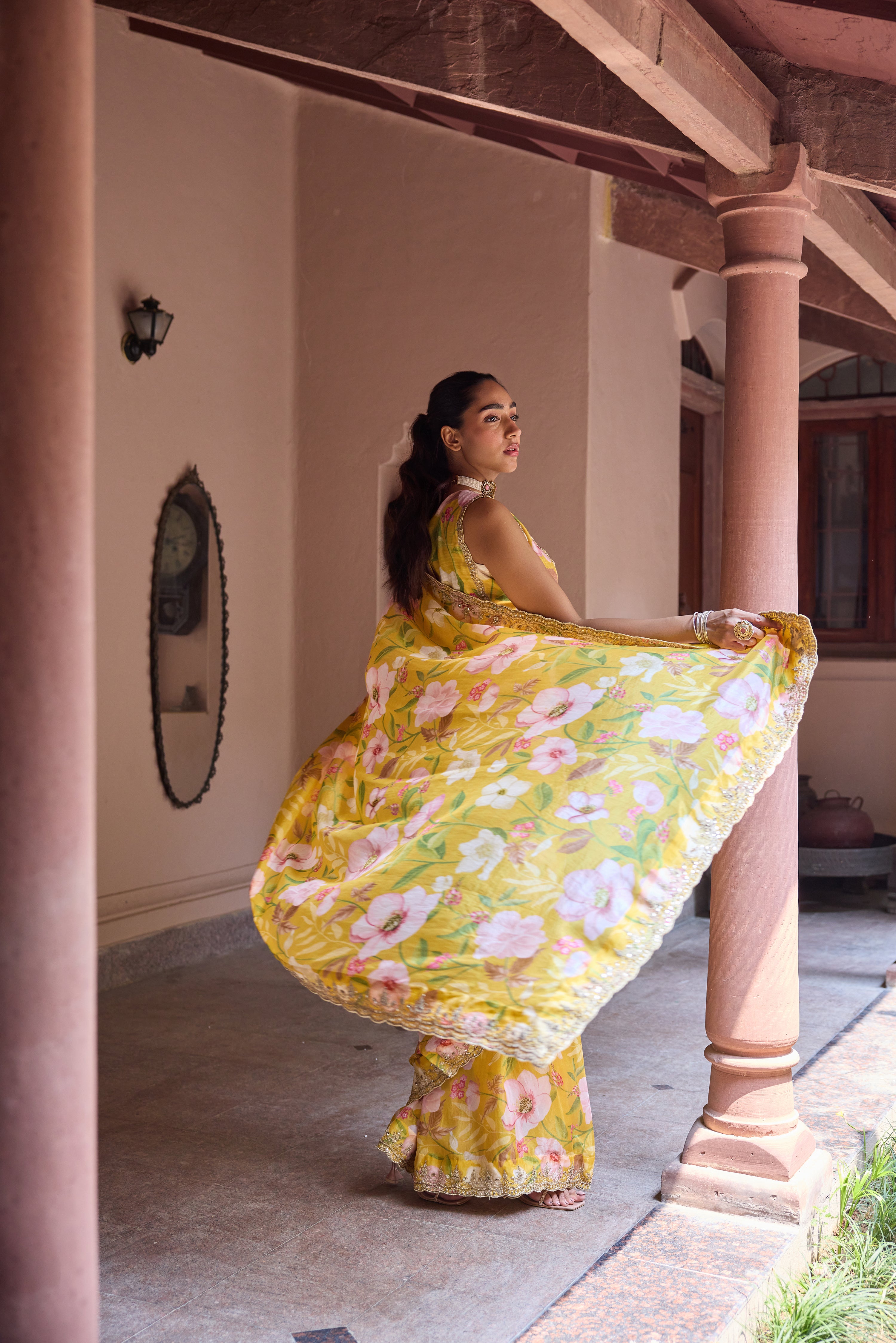 Adira Mustard Floral Printed Luxe Organza Saree