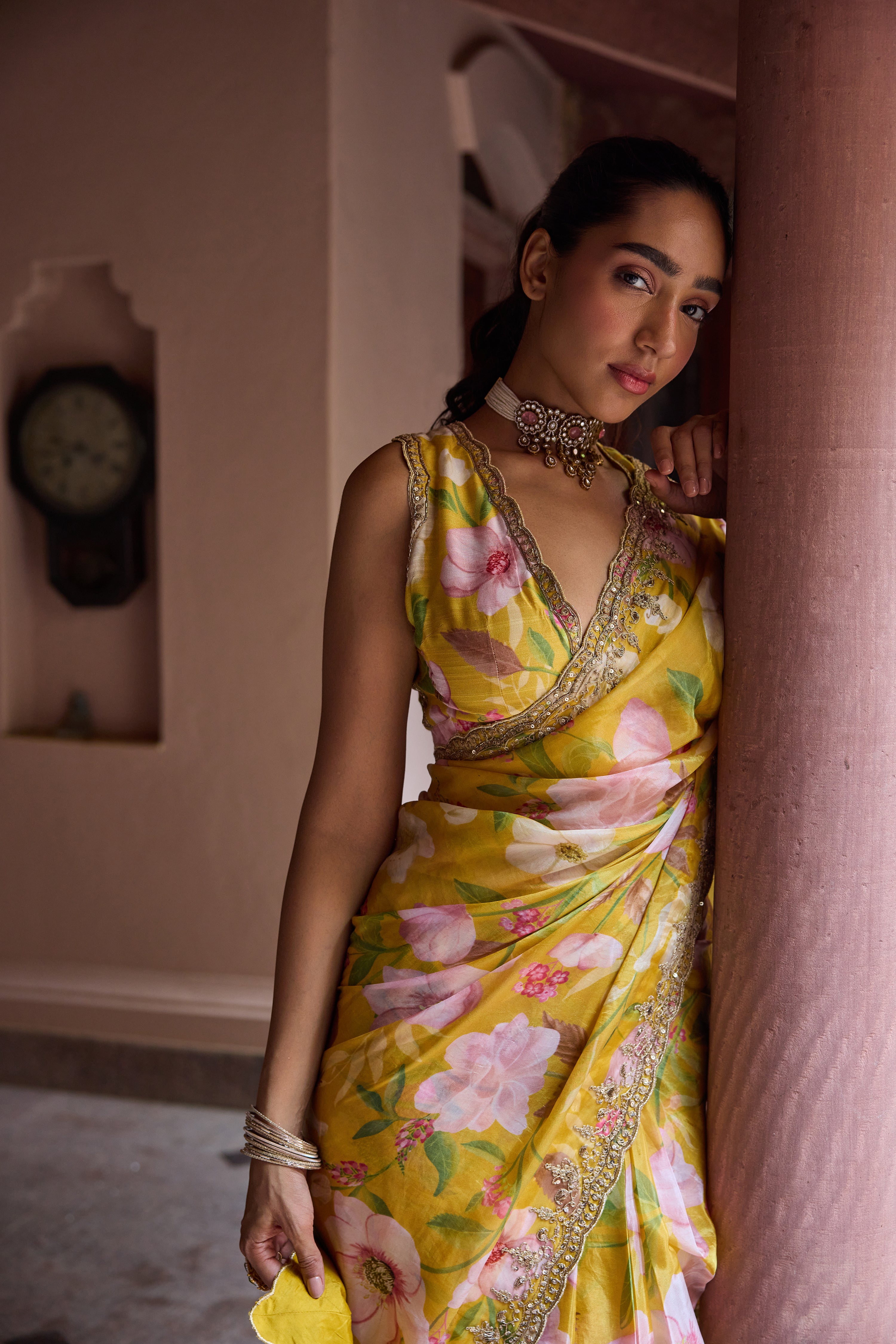 Adira Mustard Floral Printed Luxe Organza Saree