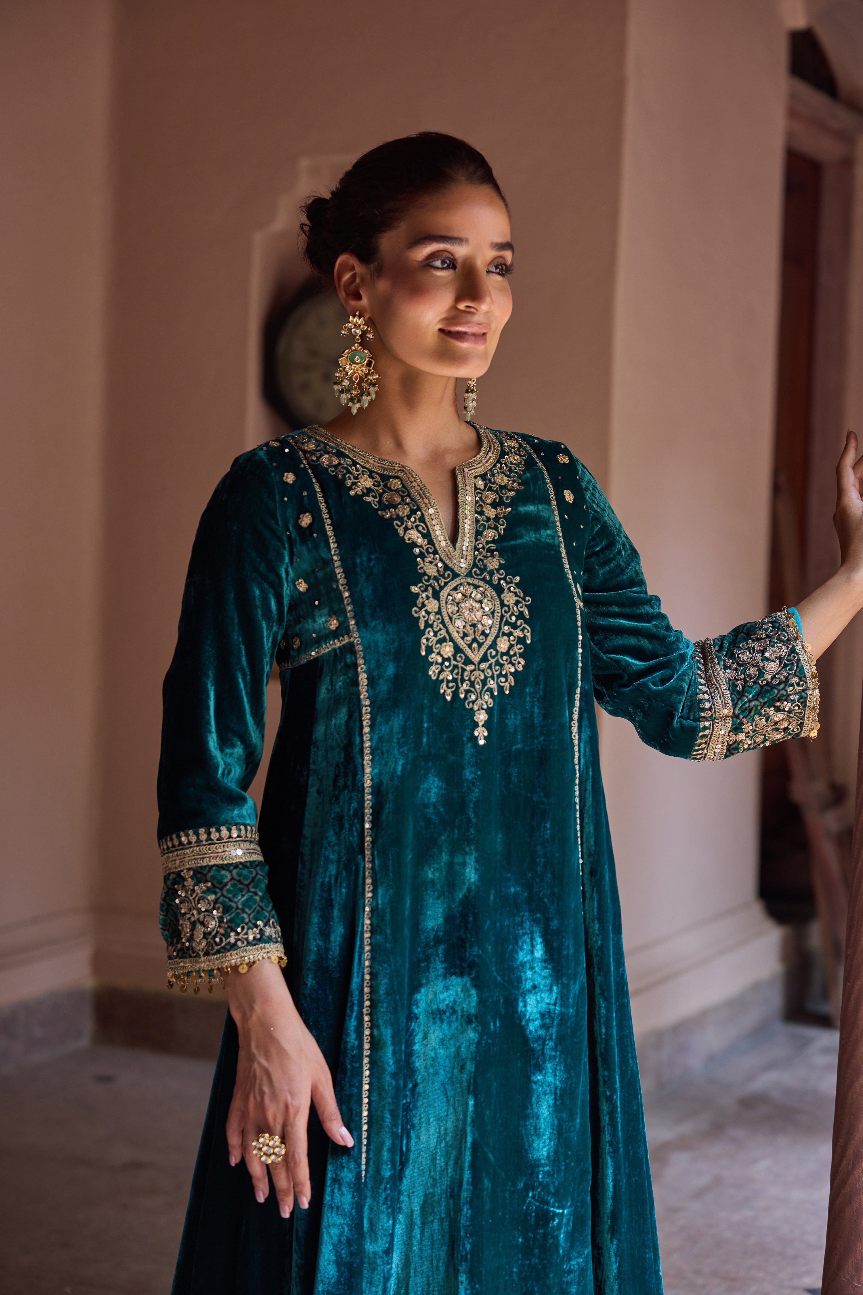 Ziyana Silk Velvet Embroidered Jewel Green A-Line Kurta Set