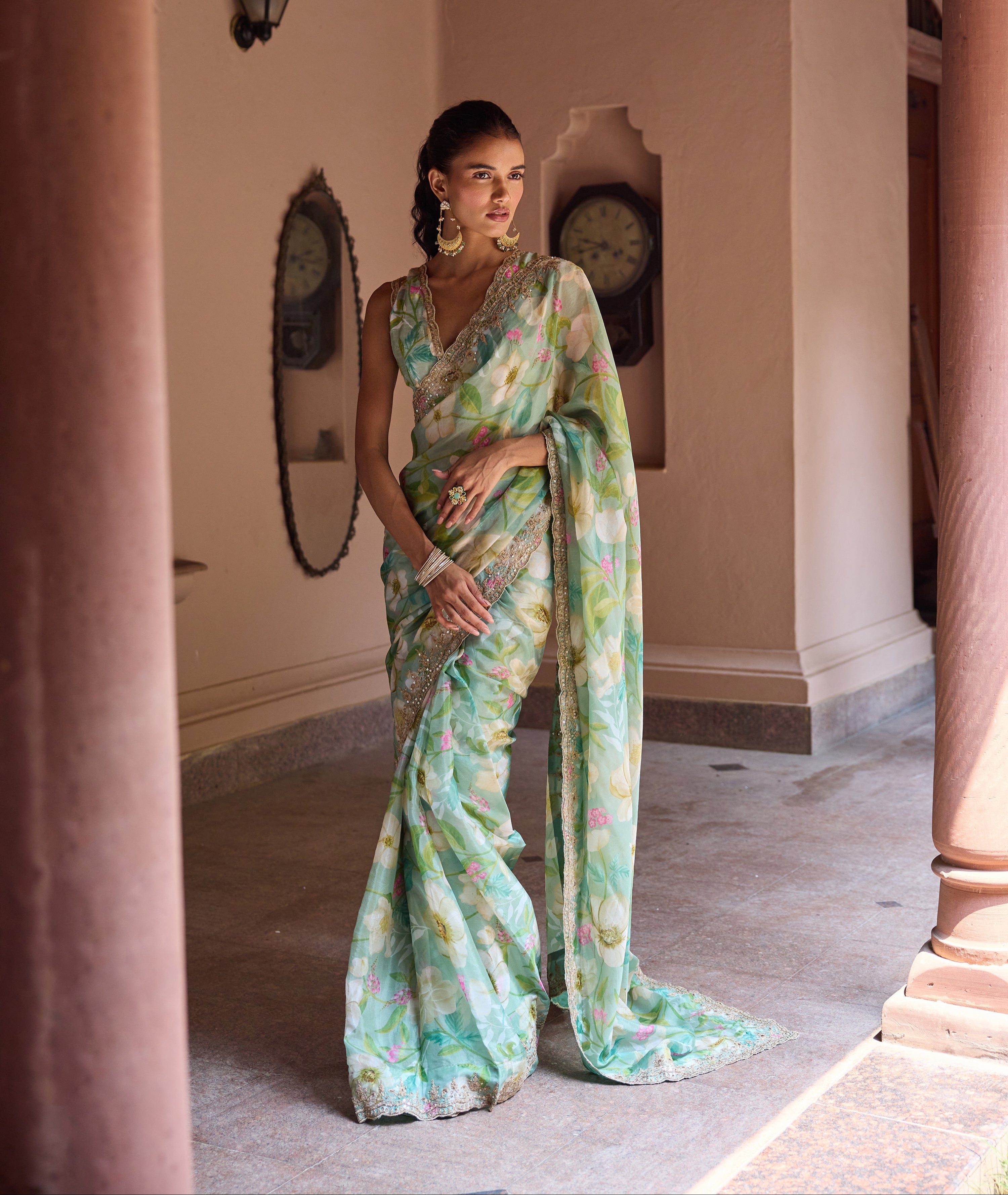 Adira Turquiose Floral Printed Luxe Organza Saree