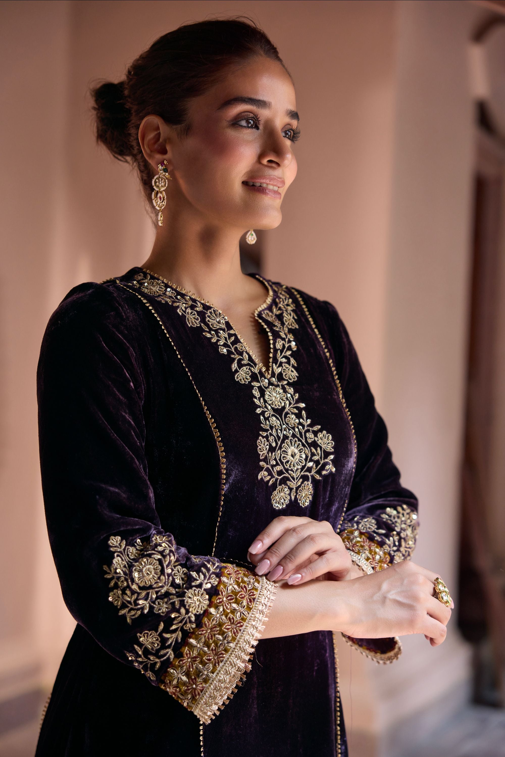 Noorani Purple Embroidered Silk Velvet Handcrafted Kurta Set (READY TO SHIP)