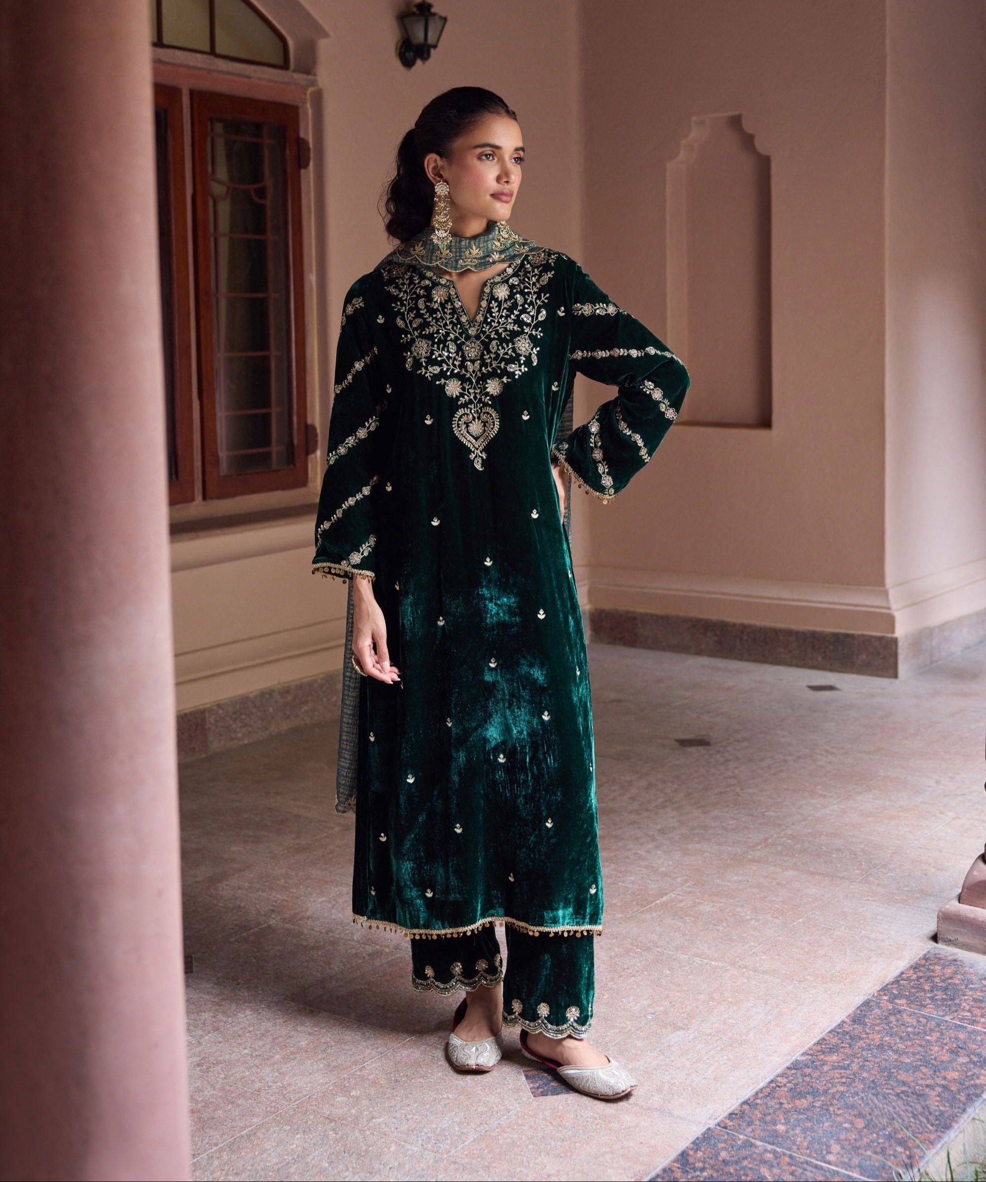 Nayab Forest Green Embroidered Silk Velvet Handcrafted Kurta Set
