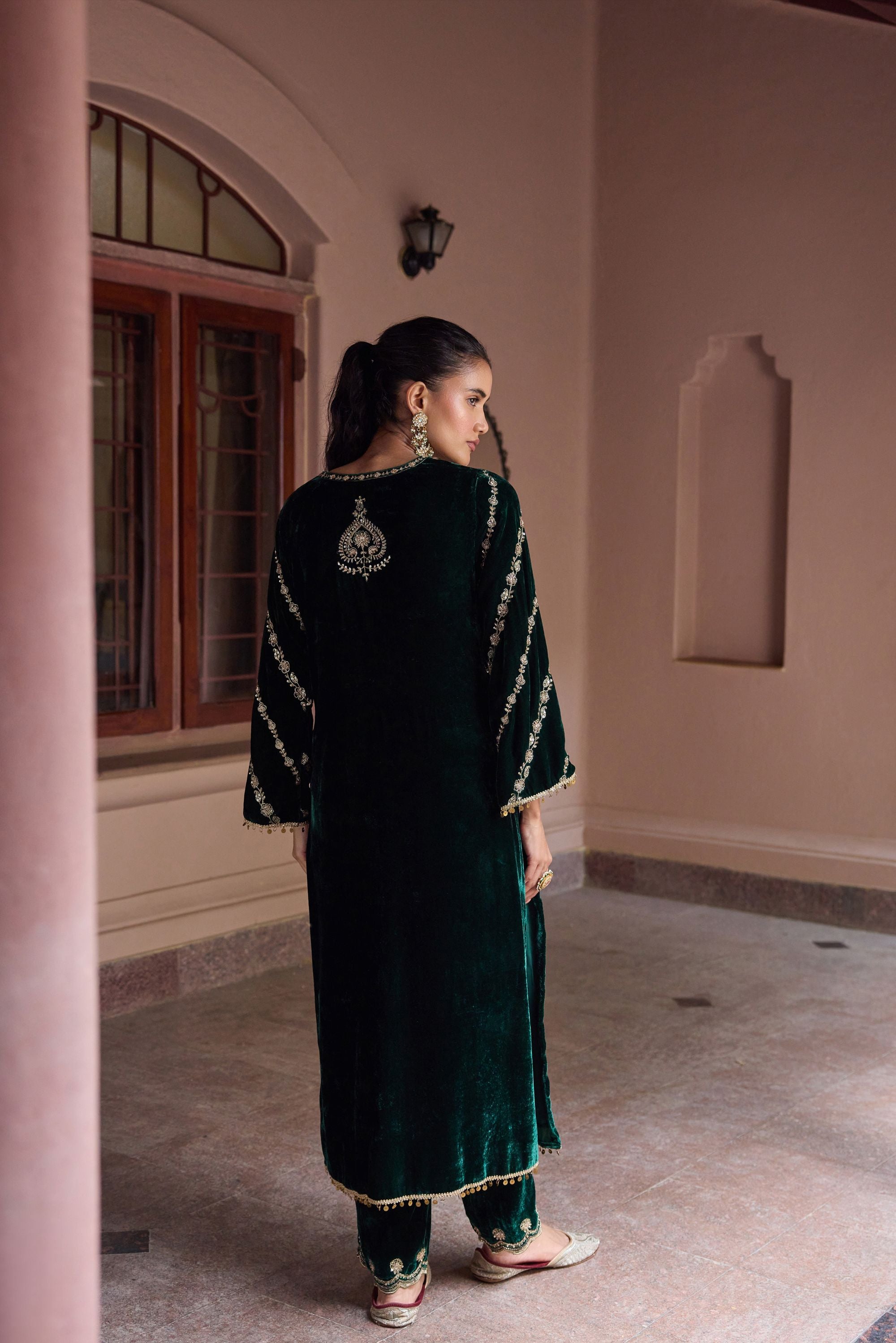 Mehal Kejriwal in Nayab Forest Green Embroidered Silk Velvet Handcrafted Kurta Set