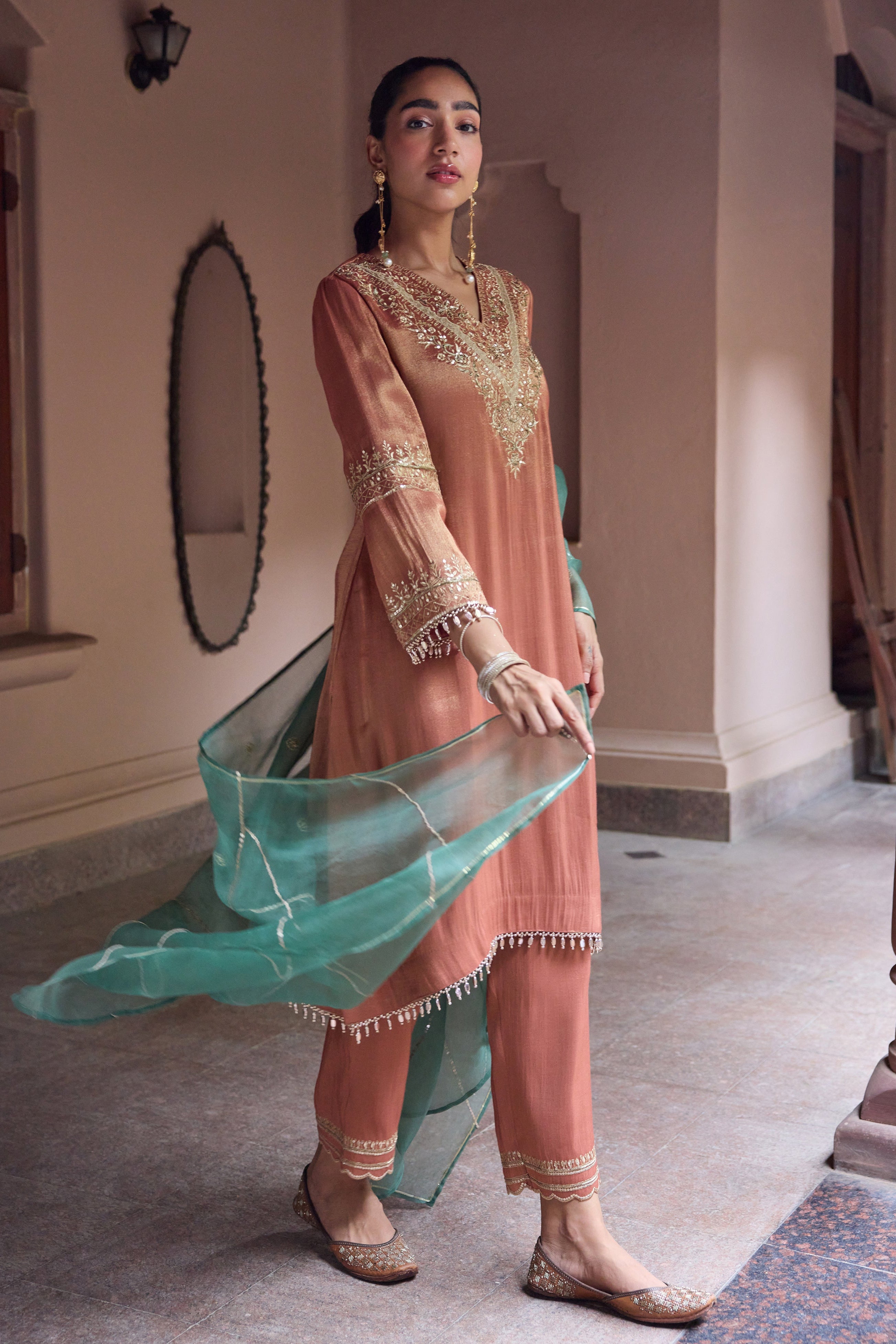 Sultana Tissue Embroidered Rust High-Low Kurta Set