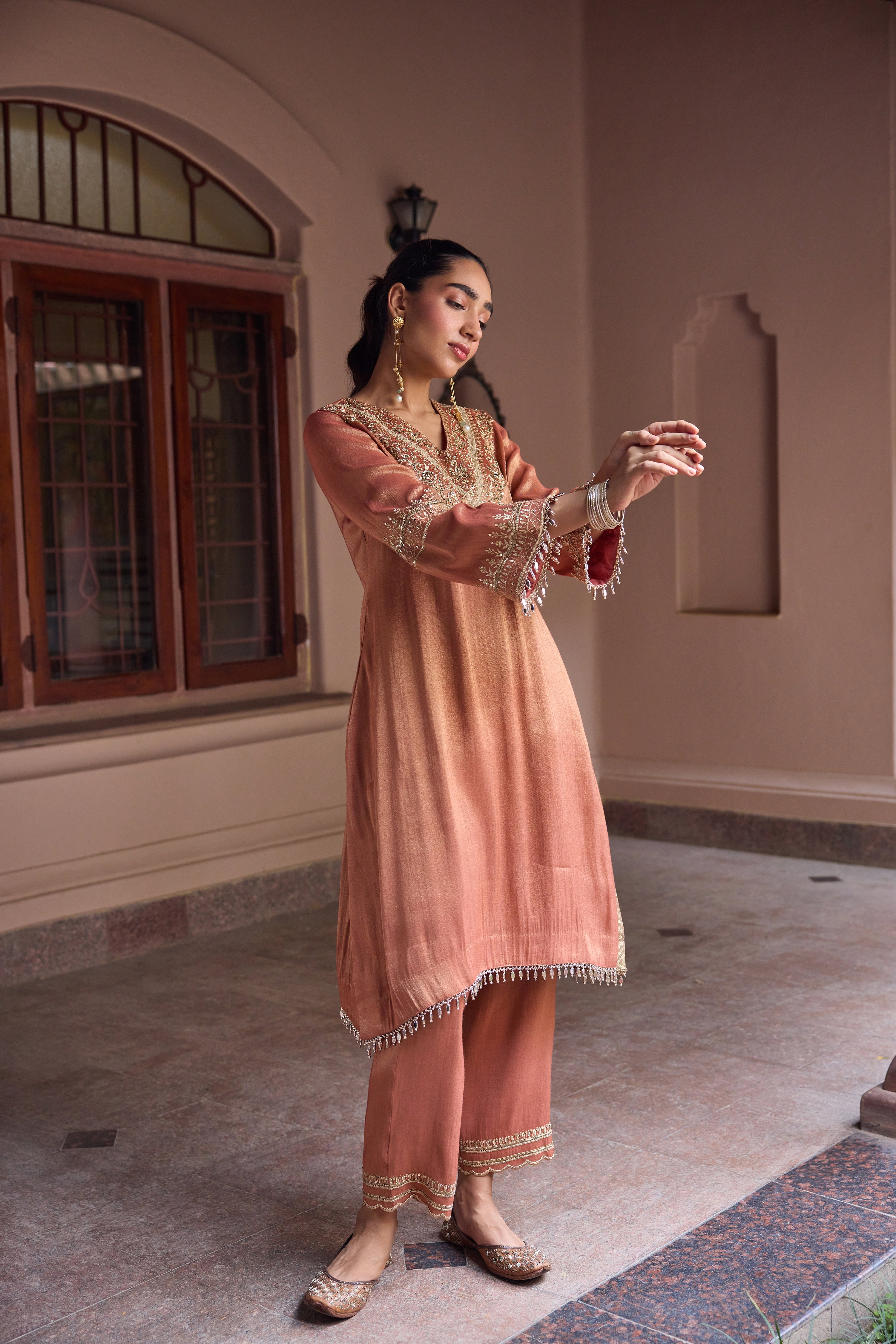 Sultana Tissue Embroidered Rust High-Low Kurta Set