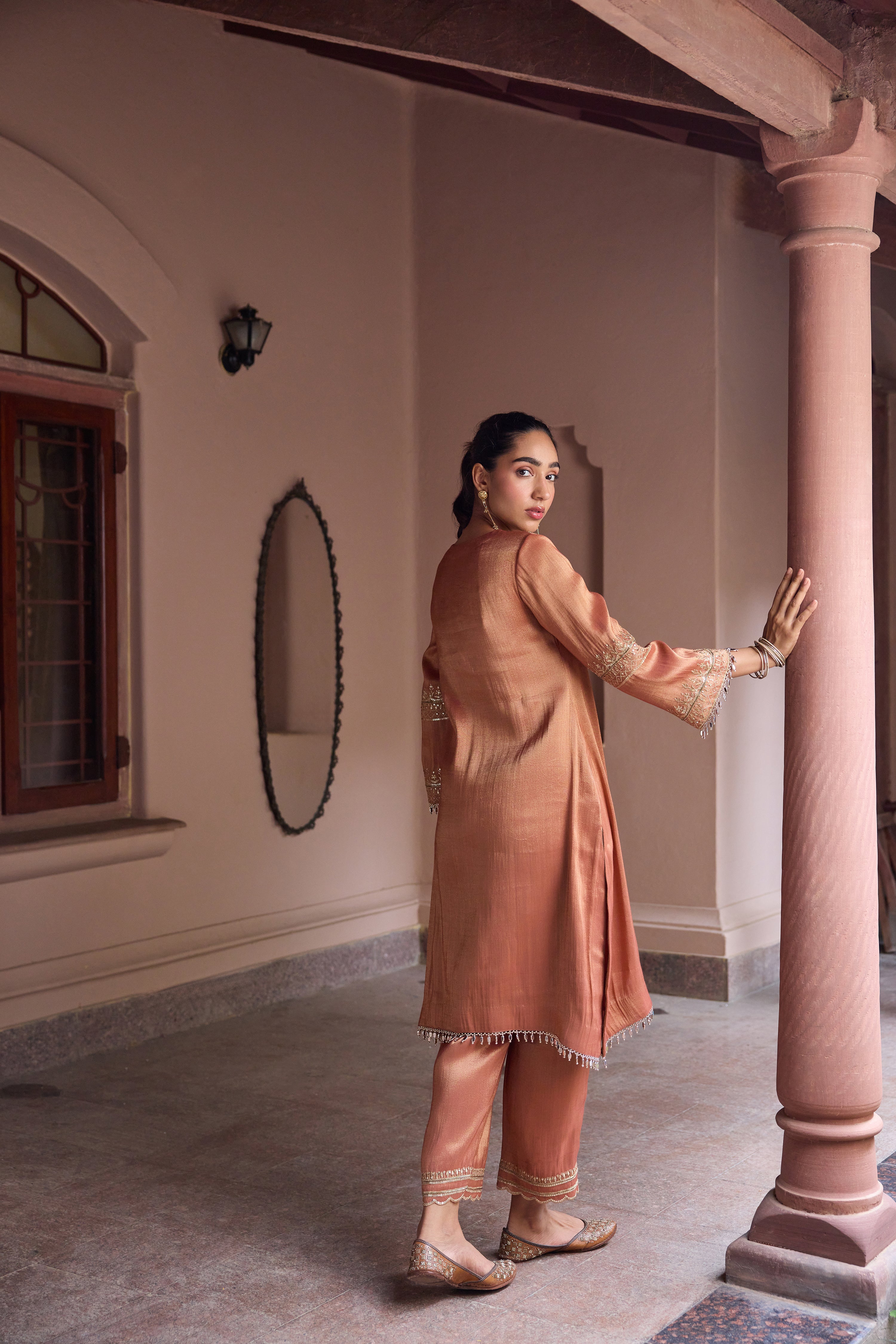 Sultana Tissue Embroidered Rust High-Low Kurta Set