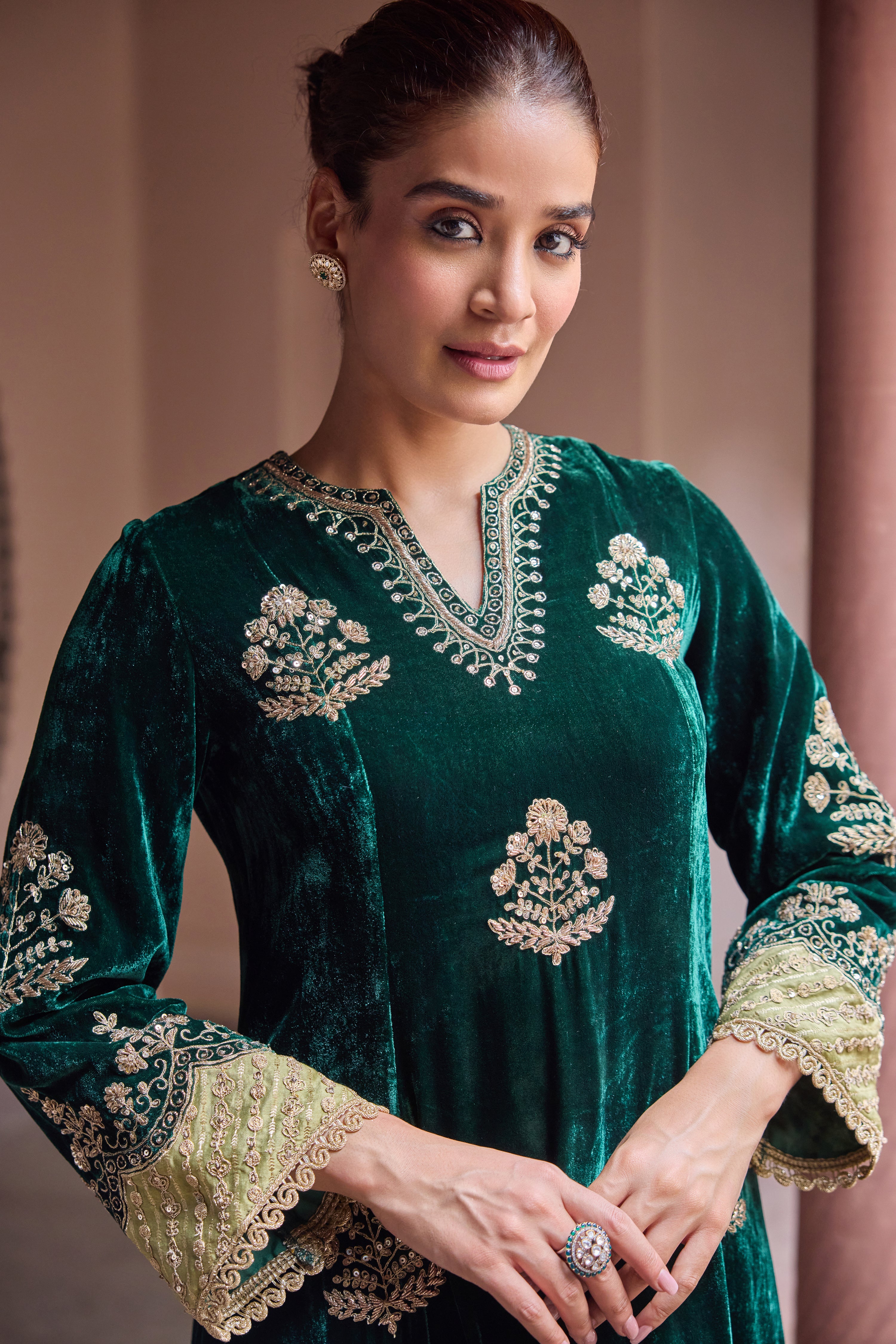 Dilruba Silk Velvet Embroidered Forest Green A-Line Kurta Set